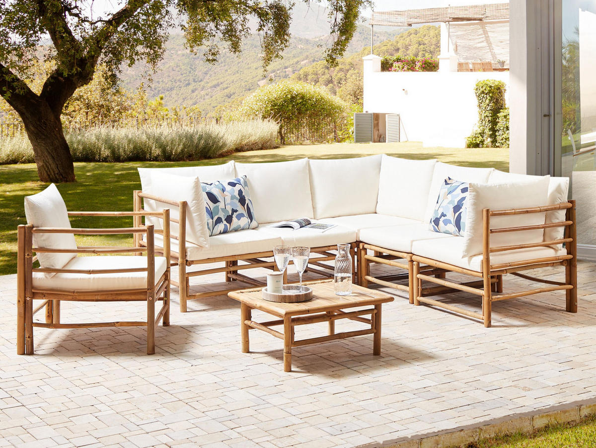 LOUNGE SET 6-Sitzer Bambusholz hellbraun 3-teilig Auflagen cremeweiß Cerreto - Creme, Holz - Beliani