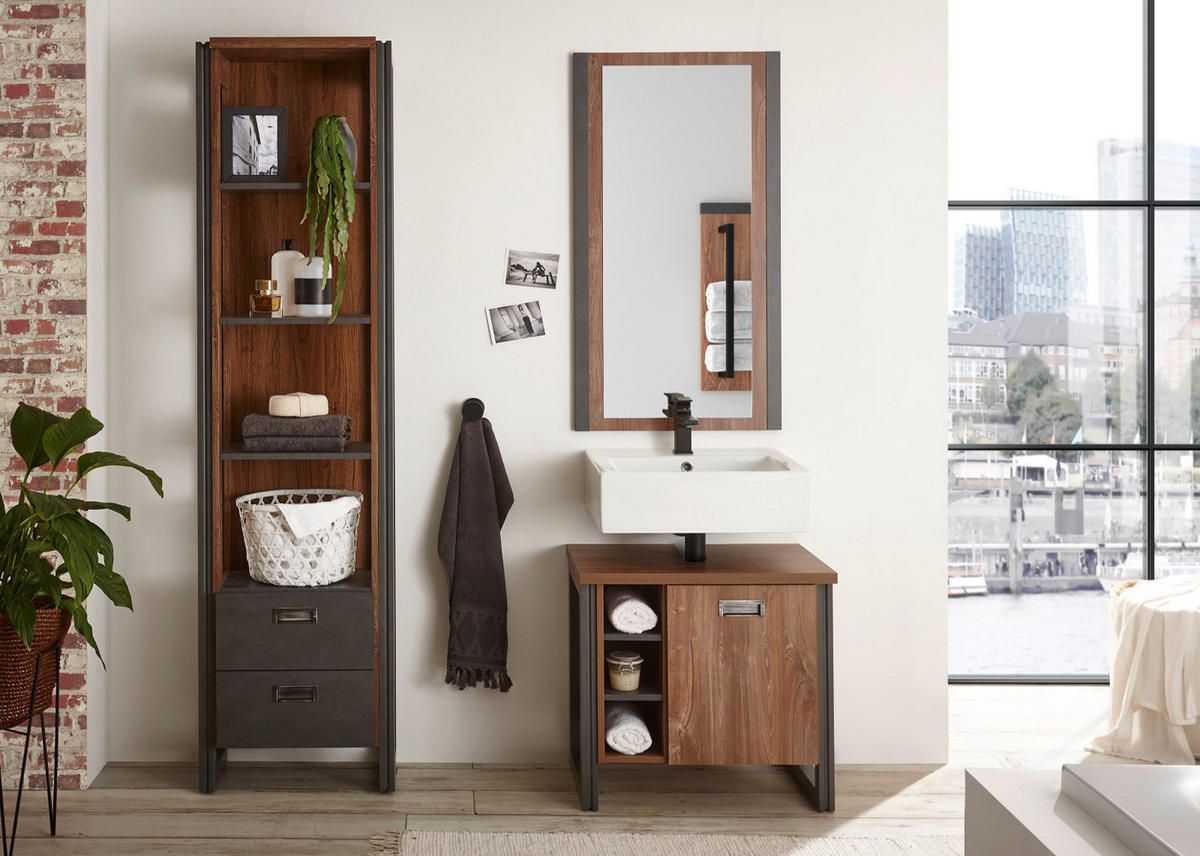 BAD-REGAL Eiche Stirling, Matera grau, Badmöbel Hochschrank 49 x 202 cm - Eichefarben/Grau, Holzwerkstoff/Metall (49/202/33cm)