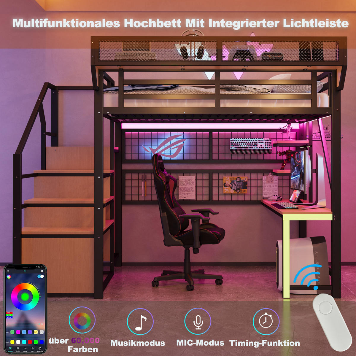 HOCHBETT 140/200 cm schwarz aus Metall mit Schreibtisch - Schwarz, Metall (140/200cm) - OKWISH