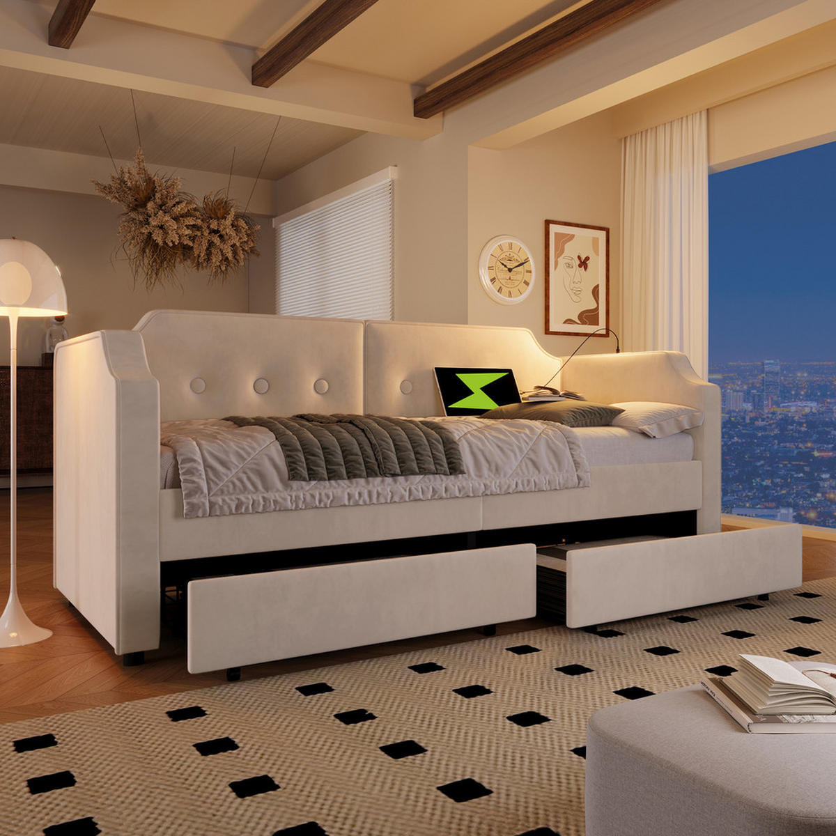 TAGESBETT 90x200cm Schlafsofa USB-C Leselicht 2 Schubladen Beige Samt - Beige, Holz (90/200cm) - FLIEKS