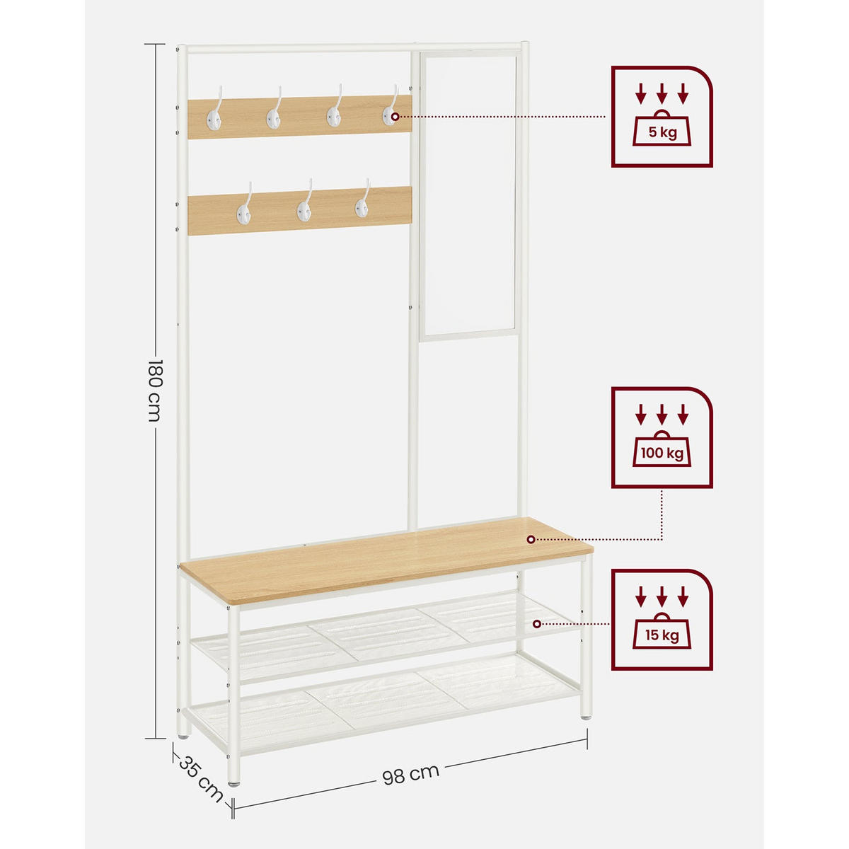 GARDEROBENSTÄNDER DUBLIN - Weiß, Holzwerkstoff (98/180/35cm) - Hansiro