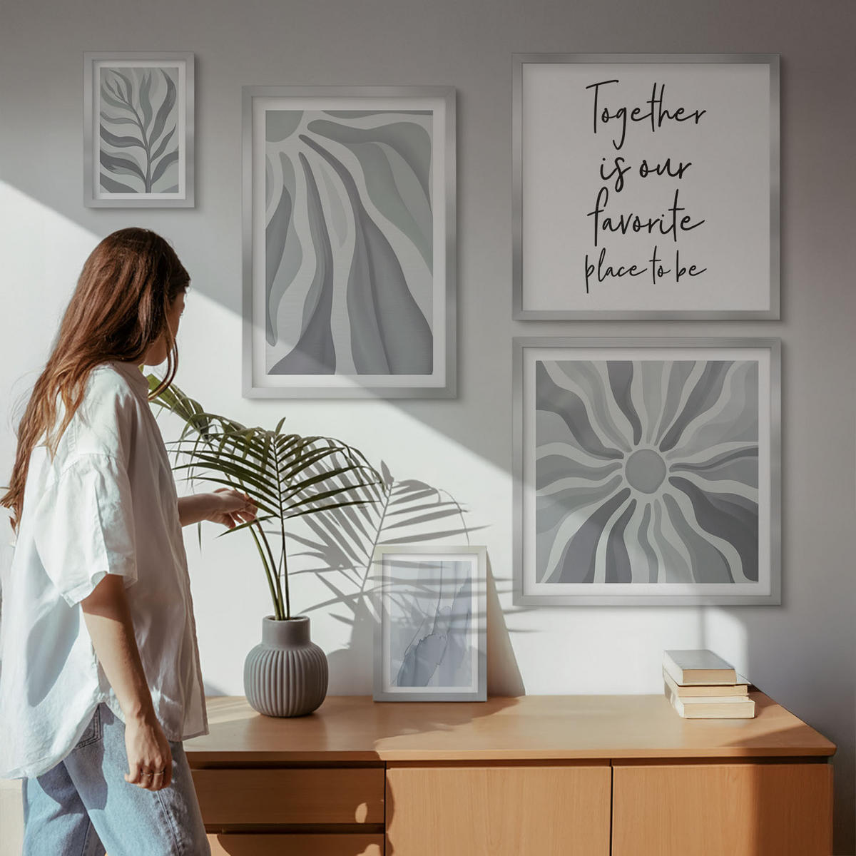 WANDBILDER 5er Set - 50x50 cm & 20x30 cm & 40x60 cm Silberner Rahmen - Illustrationen mit floralen Pastellmustern - Silberfarben, Kunststoff (40/60cm) - ArtPrintCave
