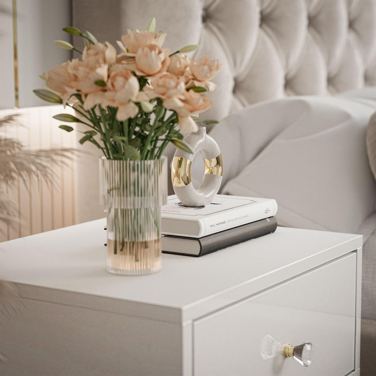 NACHTTISCH BLANCO GOLD Weiß auf goldenem verchromtem Gestell Kristallgriff - Weiß Hochglanz, Holzwerkstoff (45/52/36.6cm) - Lookway