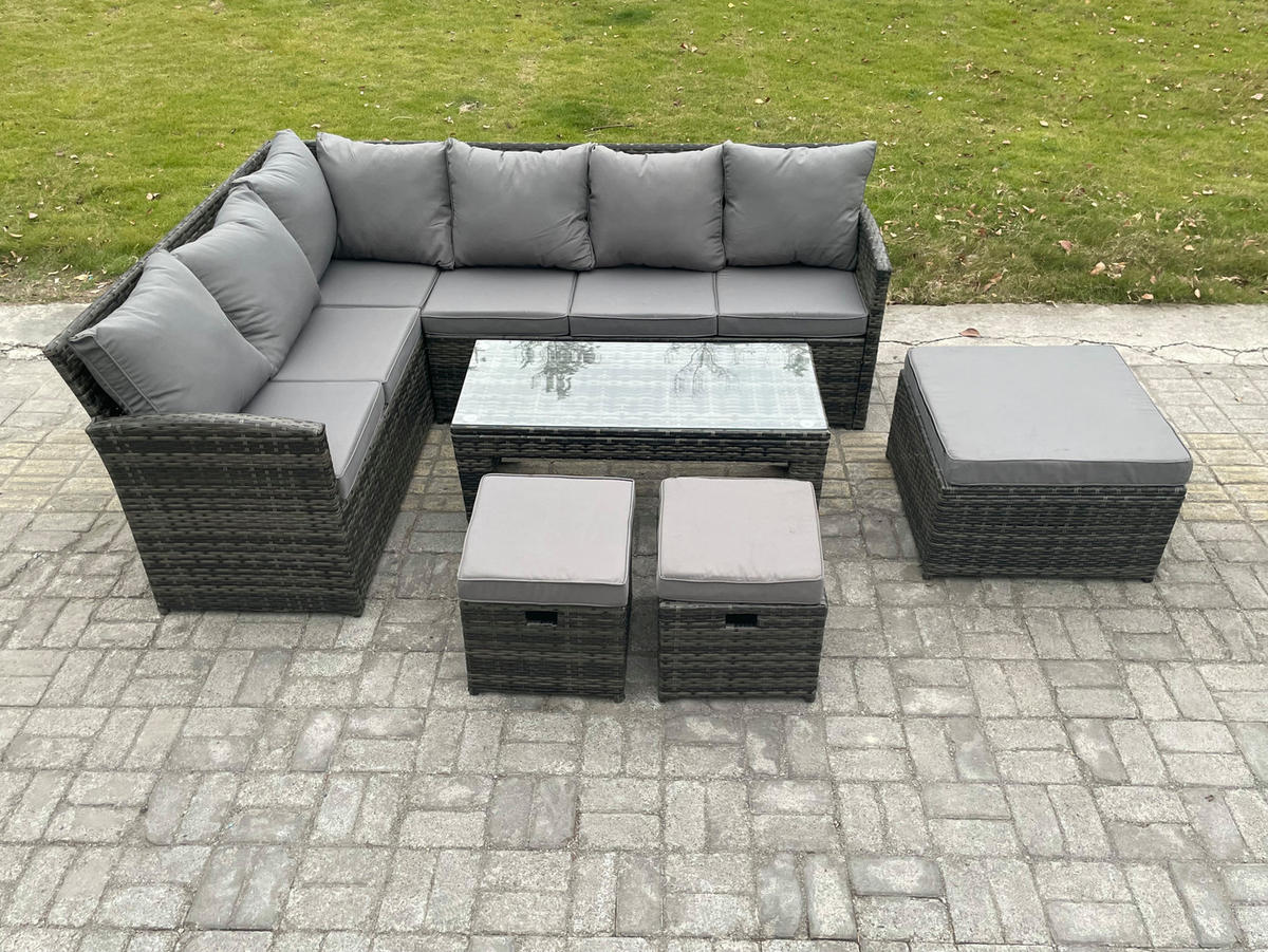 SITZGRUPPE mit Ecksofa,Länglicher Couchtisch Polyrattan 9-Sitzer - Dunkelgrau/Grau, Glas/Kunststoff - Fimous