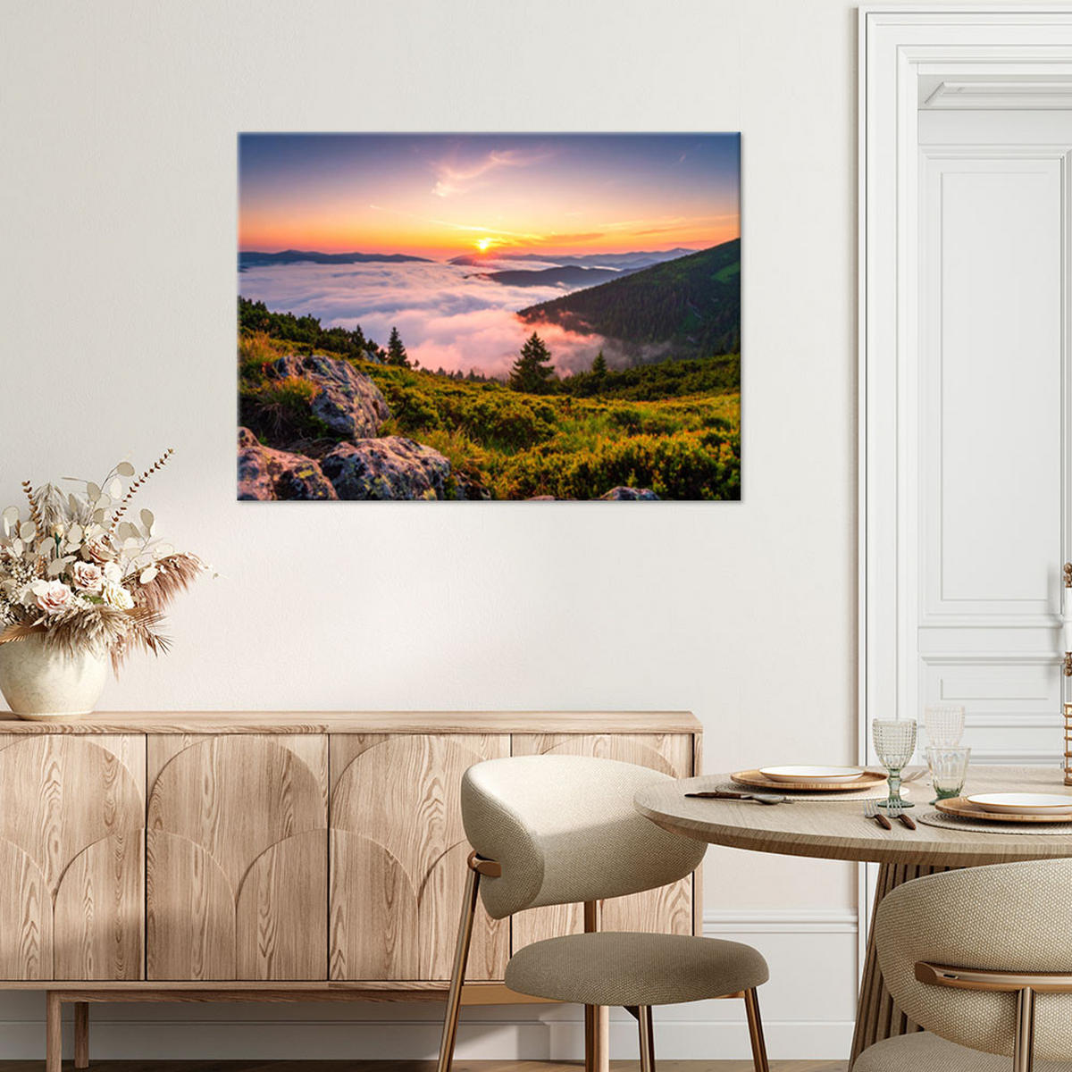 LEINWANDBILD Landschaft Berge im Nebel Sonnenuntergang 120x80cm - Multicolor, Textil (120/80cm) - Feeby