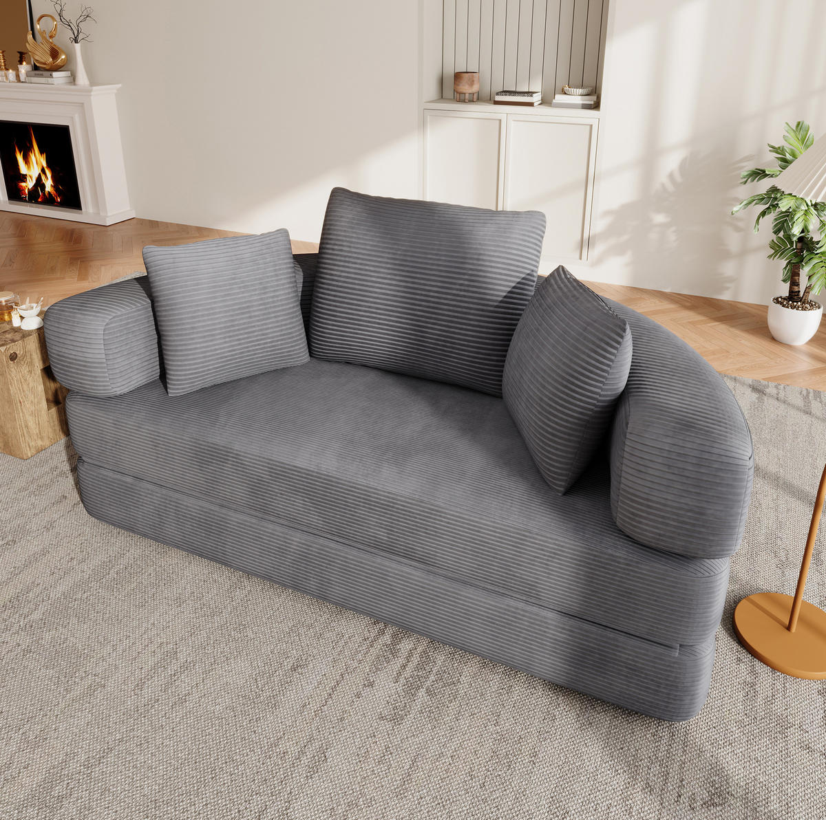SOFABETT 2-in-1 klappbar 173x176 cm Cord Gray - Grau, Kunststoff (176/40/173cm) - Meubliv
