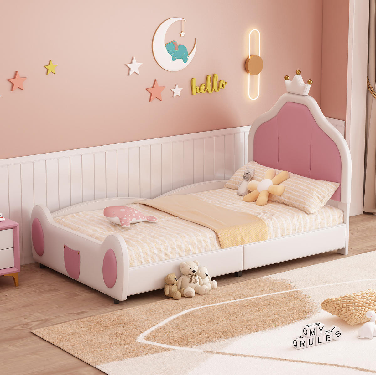 KINDERBETT 90/200 cm Weiß/Pink mit Kronenleiste aus Kunstleder - Weiß, Textil (90/200cm) - OKWISH