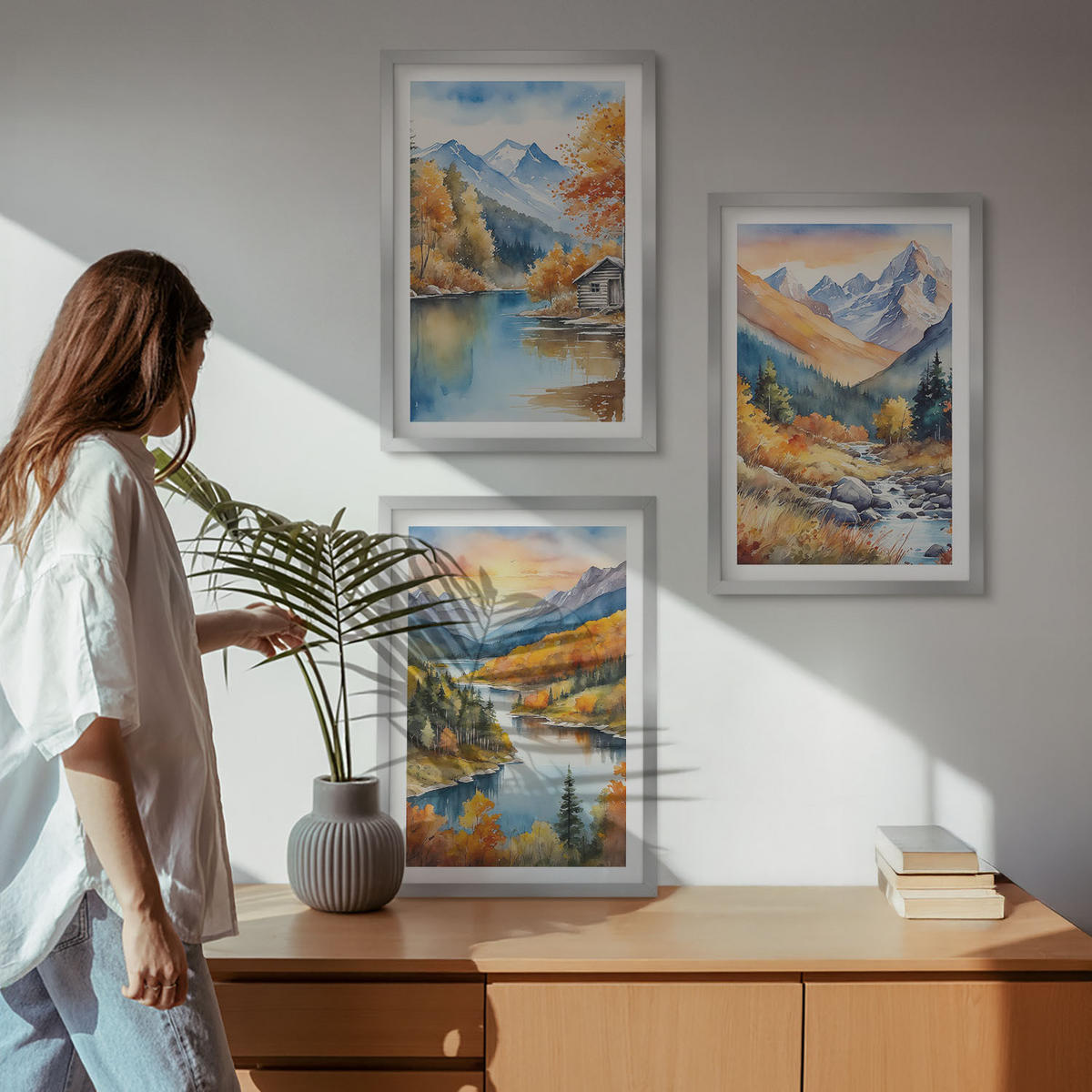 WANDBILDER 3er Set - 40x60 cm Silberner Rahmen - Berglandschaft, Fluss, Herbst - Silberfarben, Kunststoff (40/60cm) - ArtPrintCave