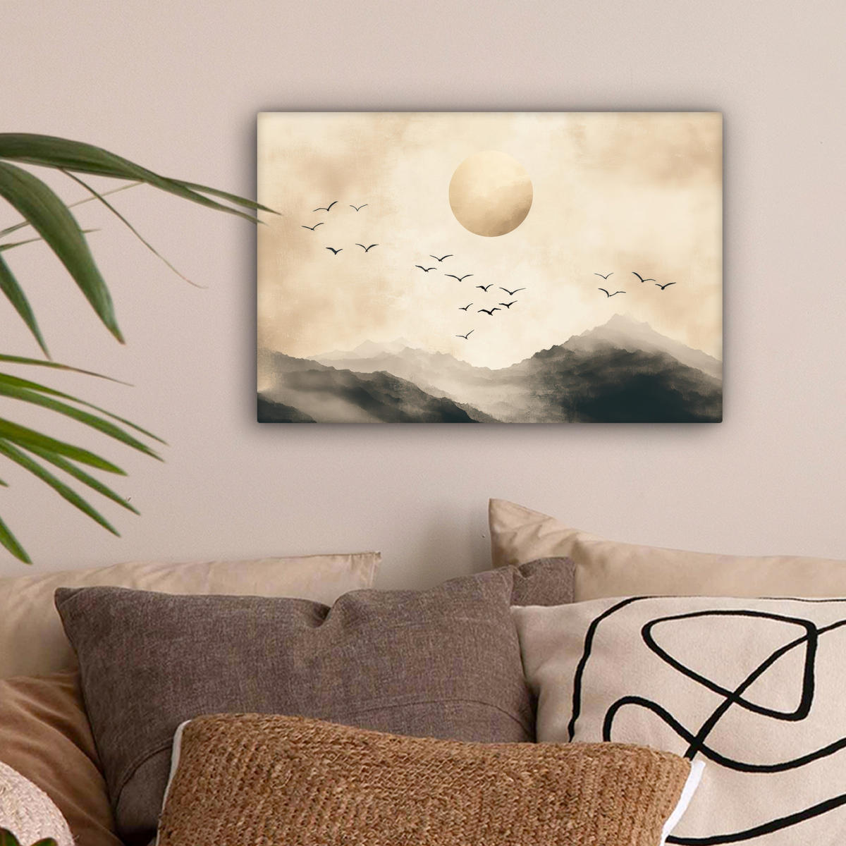 LEINWANDBILD Landschaft - Japandi - Vogel 30x20 cm - Beige, Textil (30/20cm) - MuchoWow