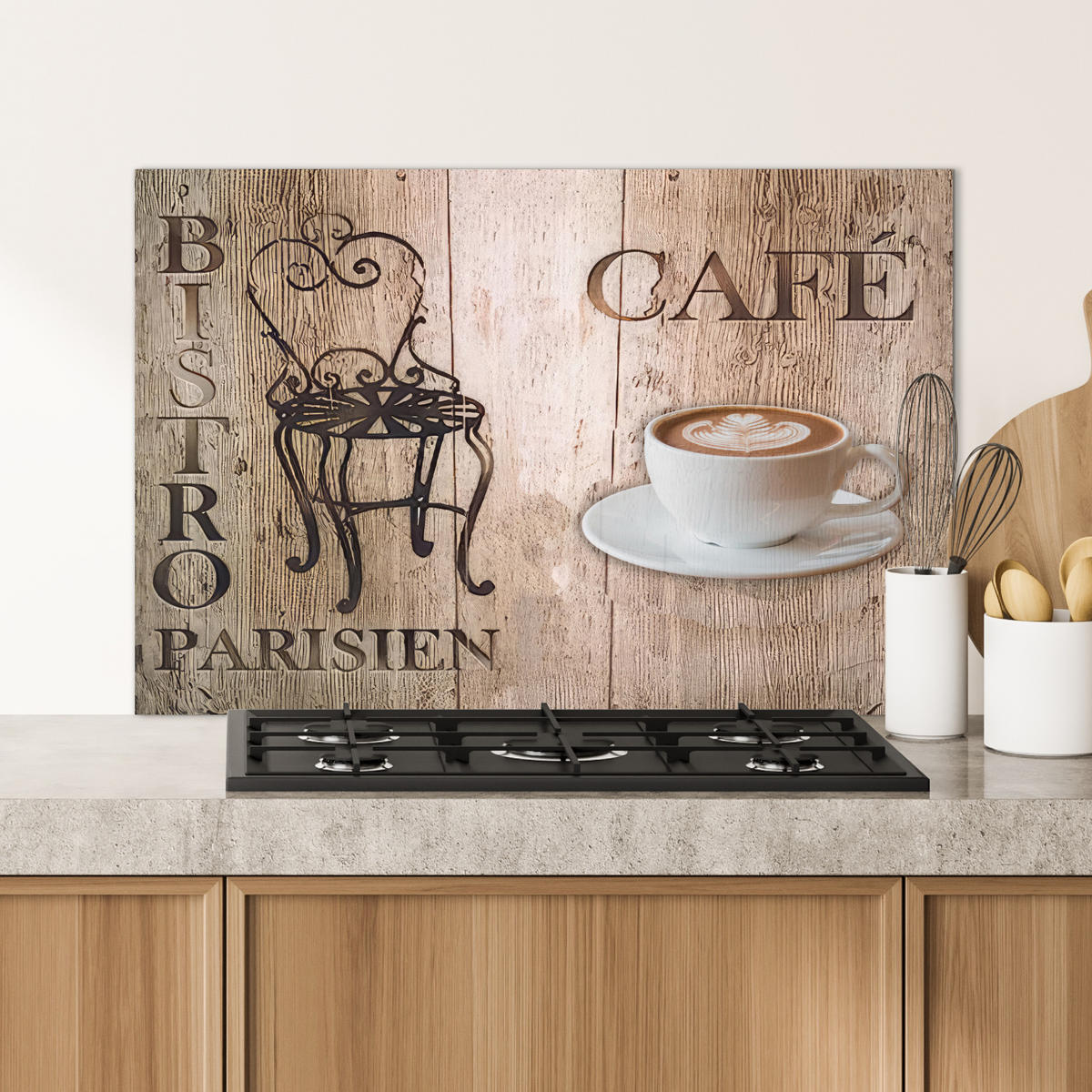 SPRITZSCHUTZ KÜCHE Bistro Parisien - Café - Kaffee - Jahrgang 80x55 cm - Cappuccino, Metall (80/0.3/55cm) - MuchoWow