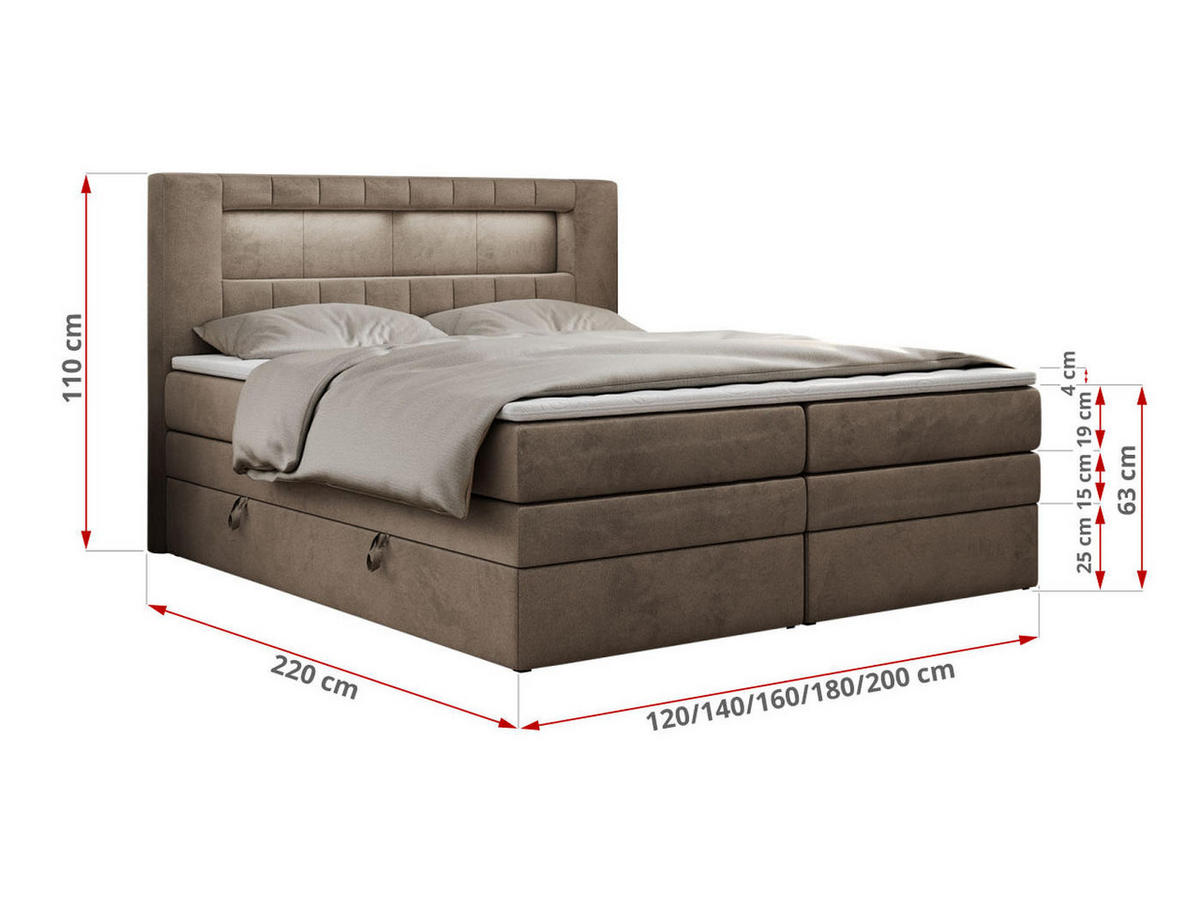 BOXSPRINGBETT GOLD-5 KING LED 160/200 Braun Velvet - H3 - Braun, Holz/Textil (160/200cm) - MKS