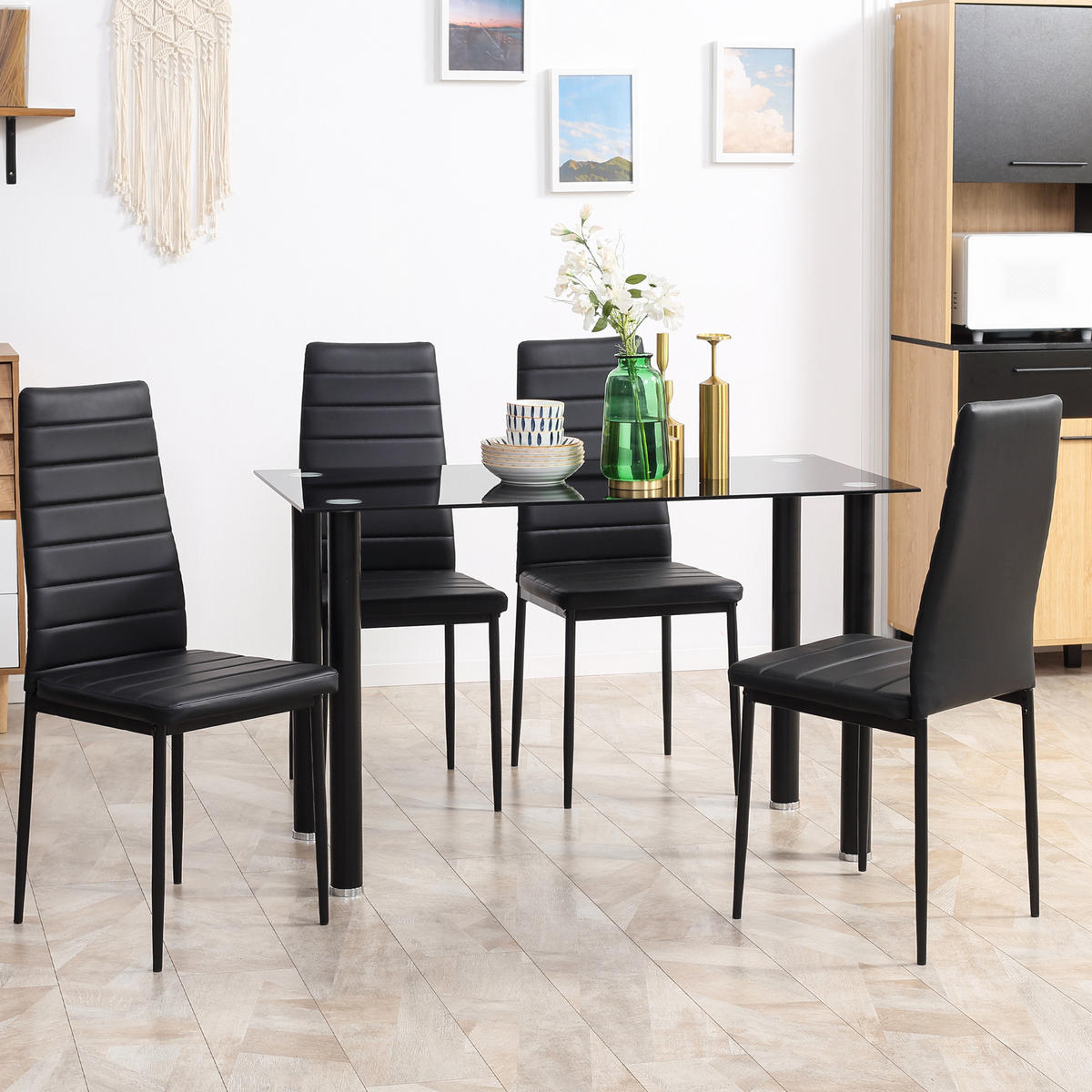 5-TLG. Essgruppe, Esstisch mit 4 Stühlen, Küchentisch mit Hartglasplatte Schwarz - Schwarz, Kunststoff (60/97/120cm) - HOMCOM
