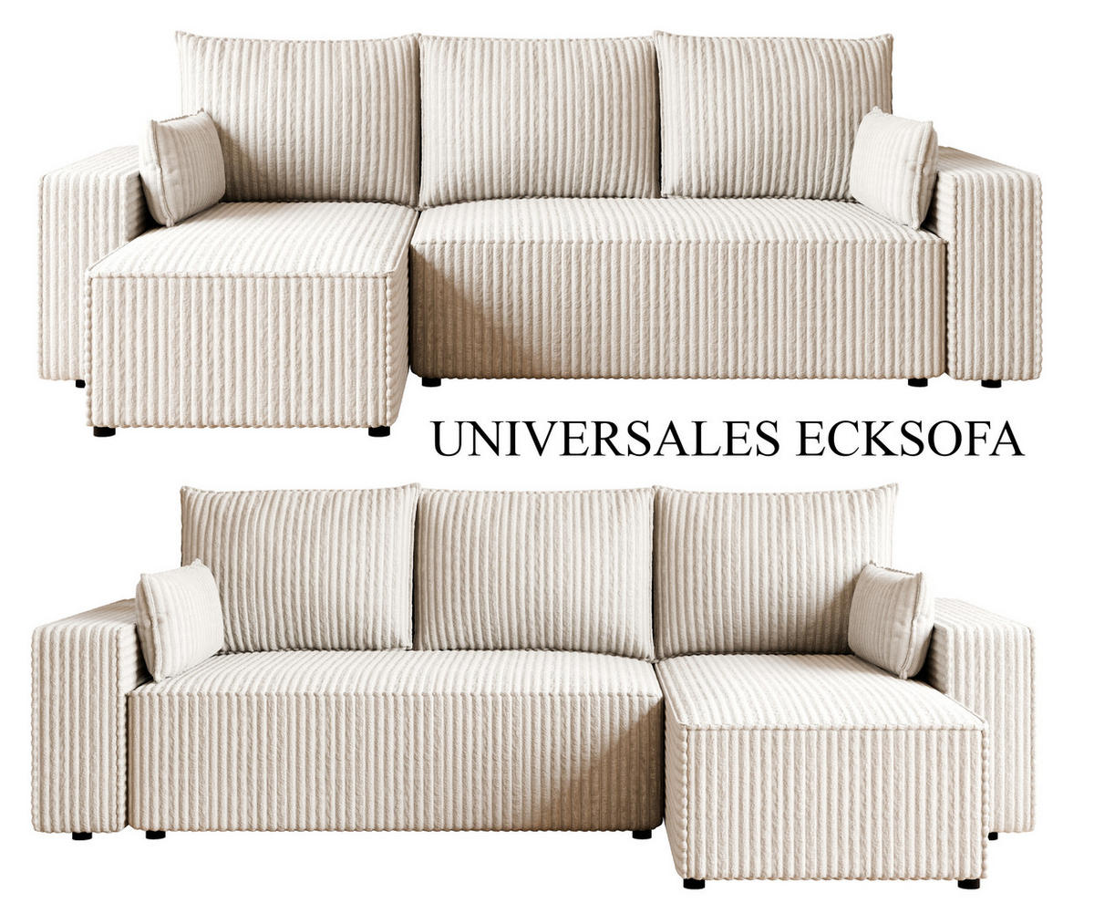 ECKSOFA Tobi mit Bettkasten und Schlaffunktion, L-Form, Cordstoff, Universal - Ecru, Holzwerkstoff (246/145cm) - 4ALL HOME