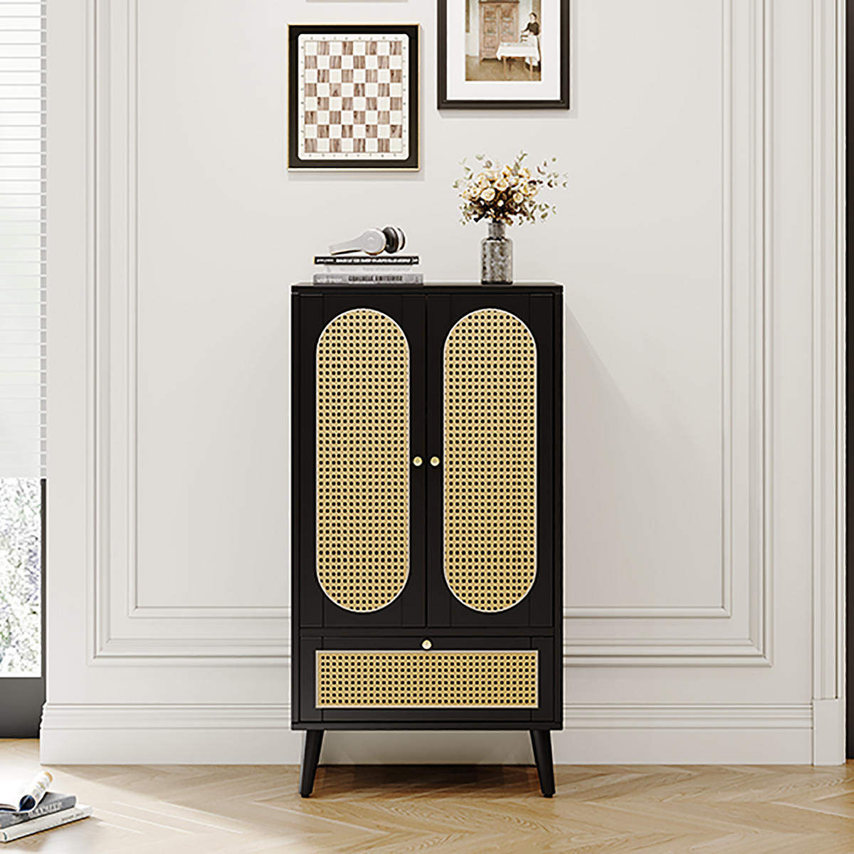 BEISTELLSCHRANK schwarz mit Rattanfront aus Spanplatte 60 × 40 × 110,5 cm - Schwarz, Holzwerkstoff (60/110.5/40cm) - Luhomfu