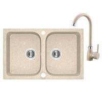 SPÜLEN-SET Celia Beige, 3-teilig, Doppelbecken, mit Armatur, 48/76/18,4 cm - Beige, Stein (48/18.4/76cm) - bad land