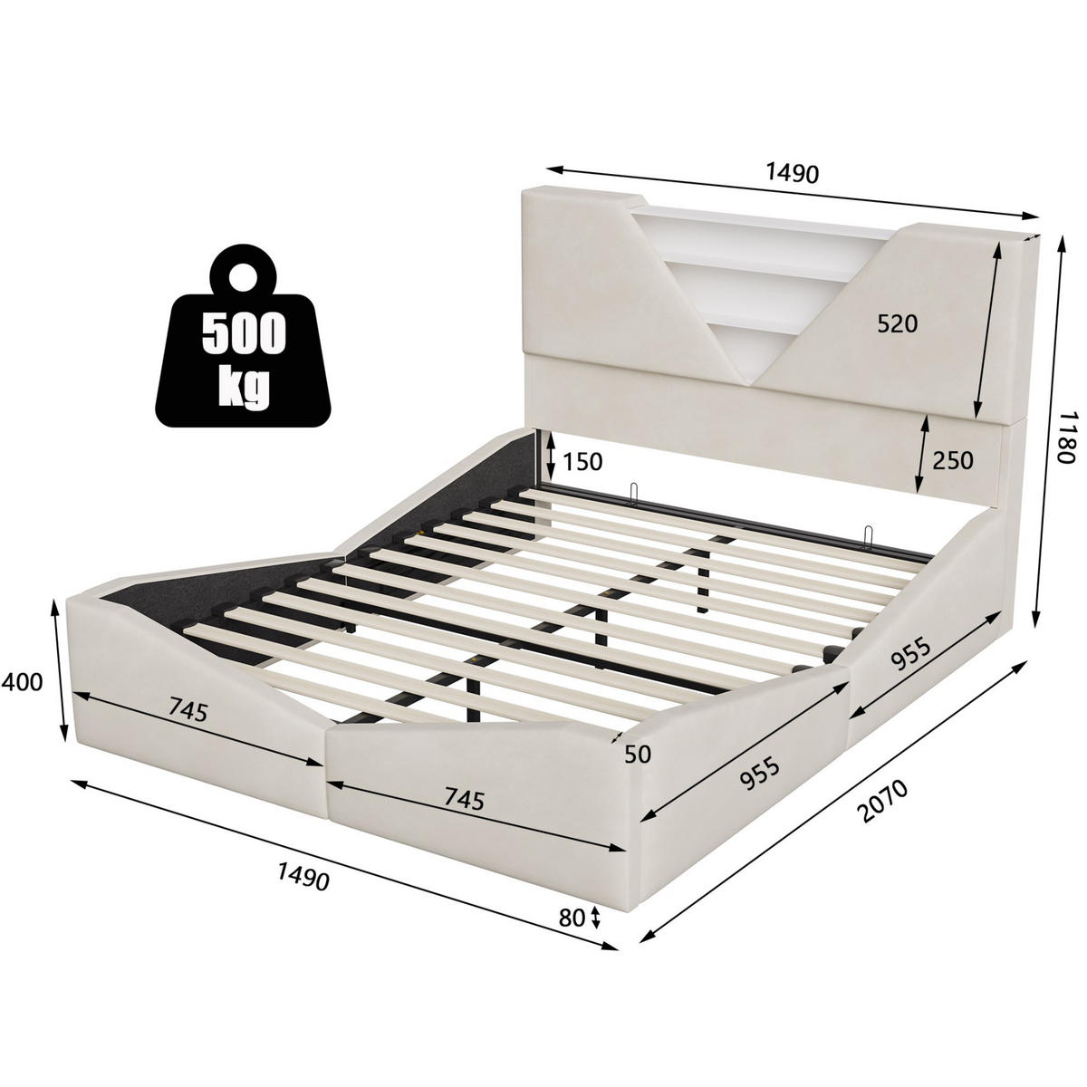 POLSTERBETT 140x190 cm - Dreieckiges Kopfteil mit Stauraum, LED ajustable, 4 Schubladen, Samtstoff, Modernes und schlichtes Design - Beige - Beige, Holzwerkstoff (140/190cm) - Brevoria