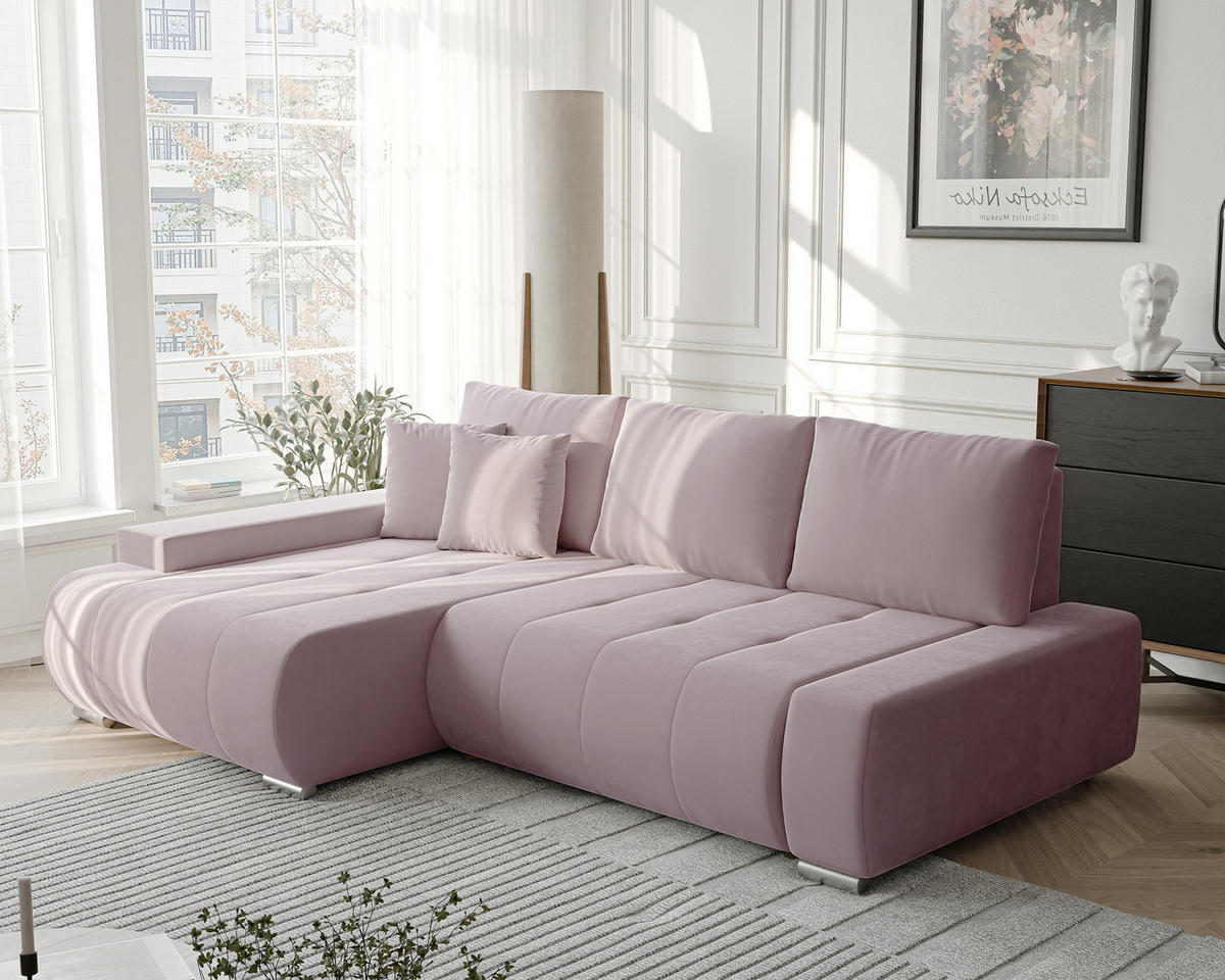 ECKSOFA NIKO Links, mit Schlaffunktion und Bettkasten, Rosa - Rosa, Textil (227/153cm) - Idohome