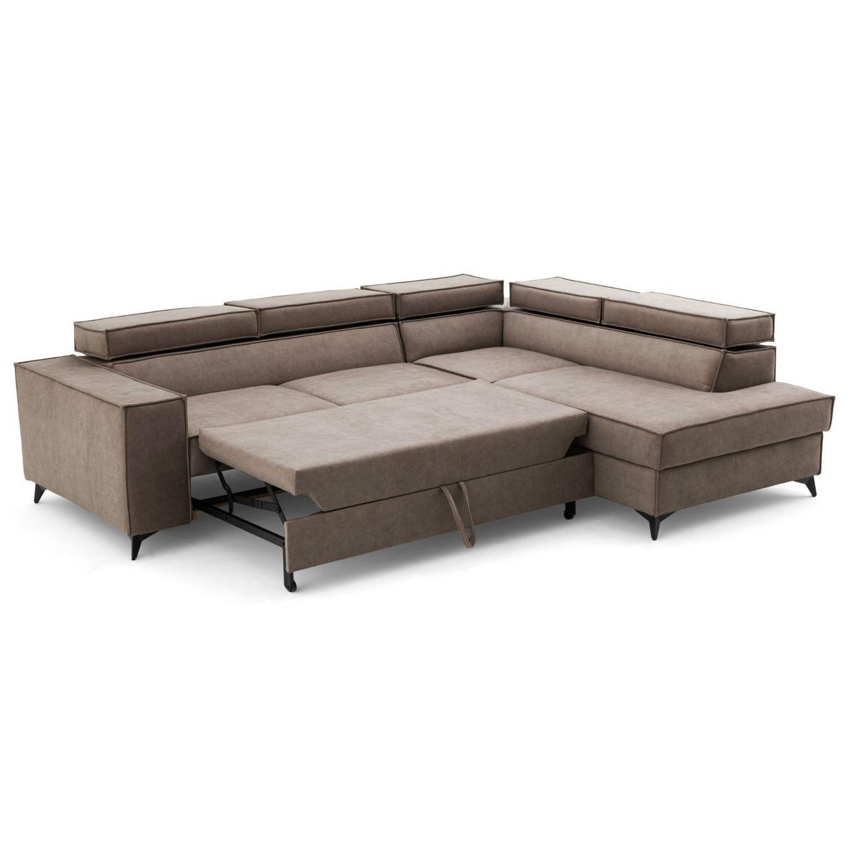 ECKSOFA PURE L Rechts mit Schlaffunktion 127x199 Velours Beige - Beige/Schwarz, Holz/Textil (204/281cm) - Muffo