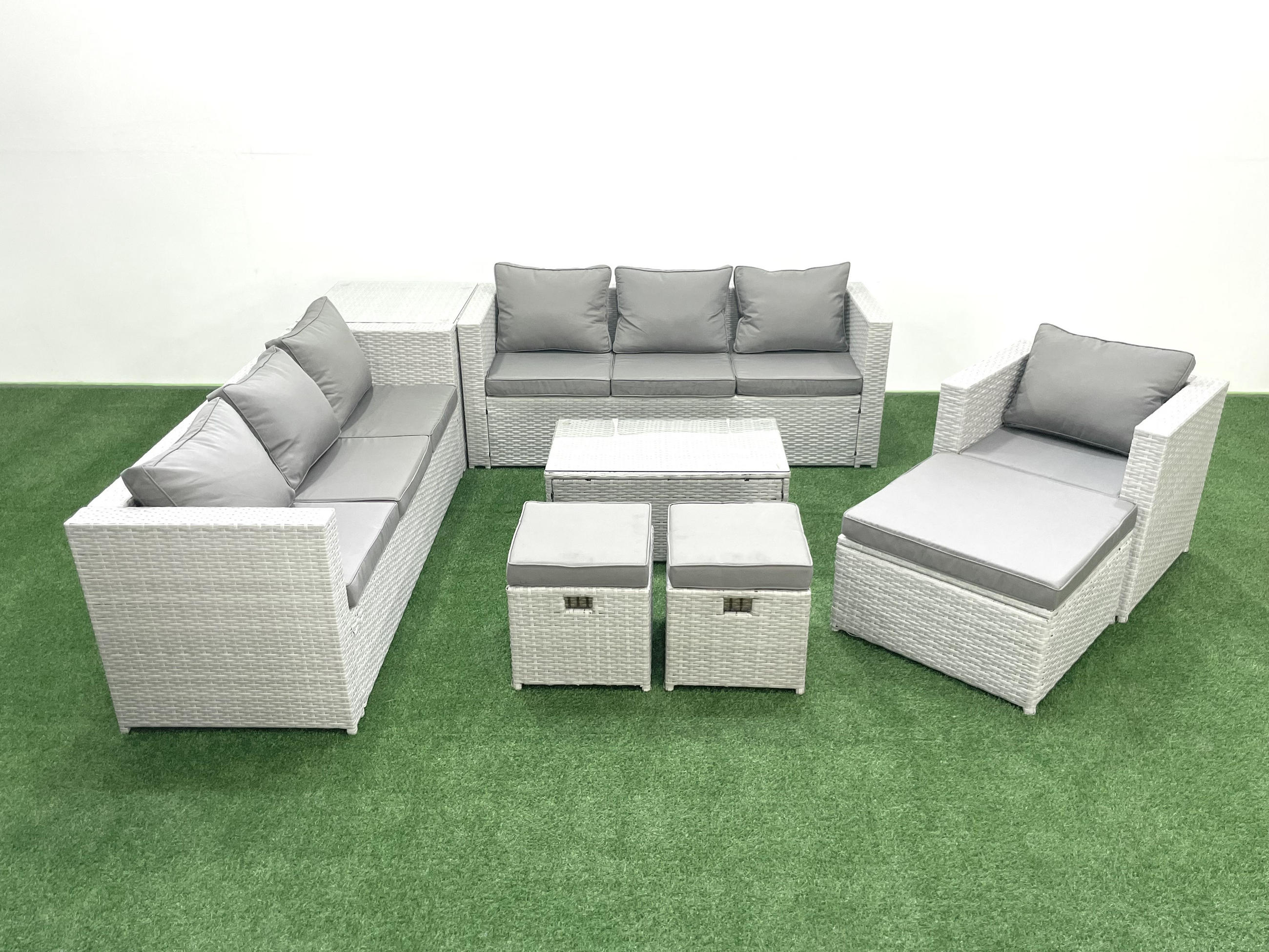 GARTENGARNITUR mit 3-SITZER SOFA,COUCHTISCH Polyrattan Hellgrau-Mix 10-Sitzer - Hellgrau/Grau, Glas/Kunststoff - Fimous