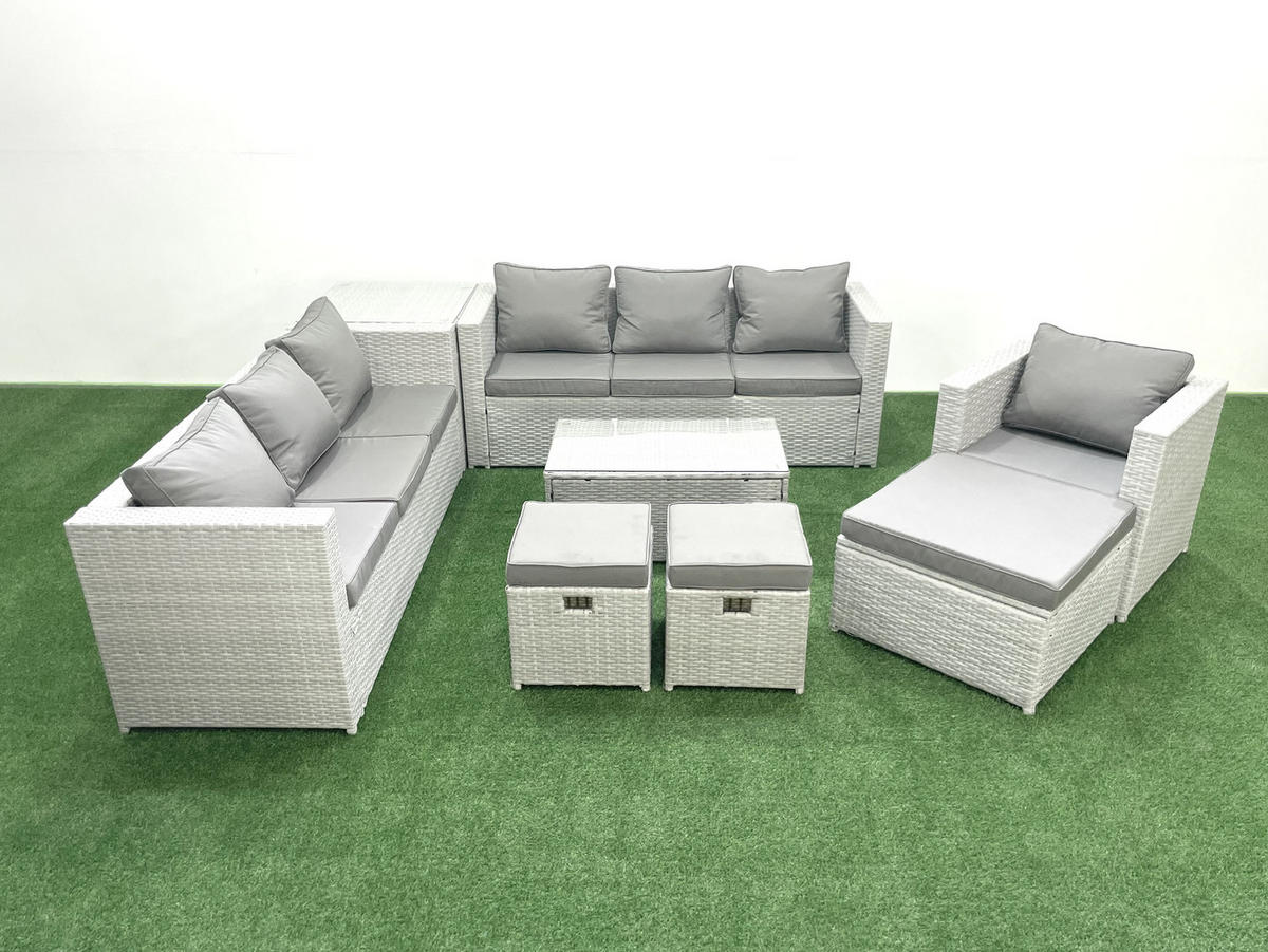 GARTENGARNITUR mit 3-SITZER SOFA,COUCHTISCH Polyrattan Hellgrau-Mix 10-Sitzer - Hellgrau/Grau, Glas/Kunststoff - Fimous