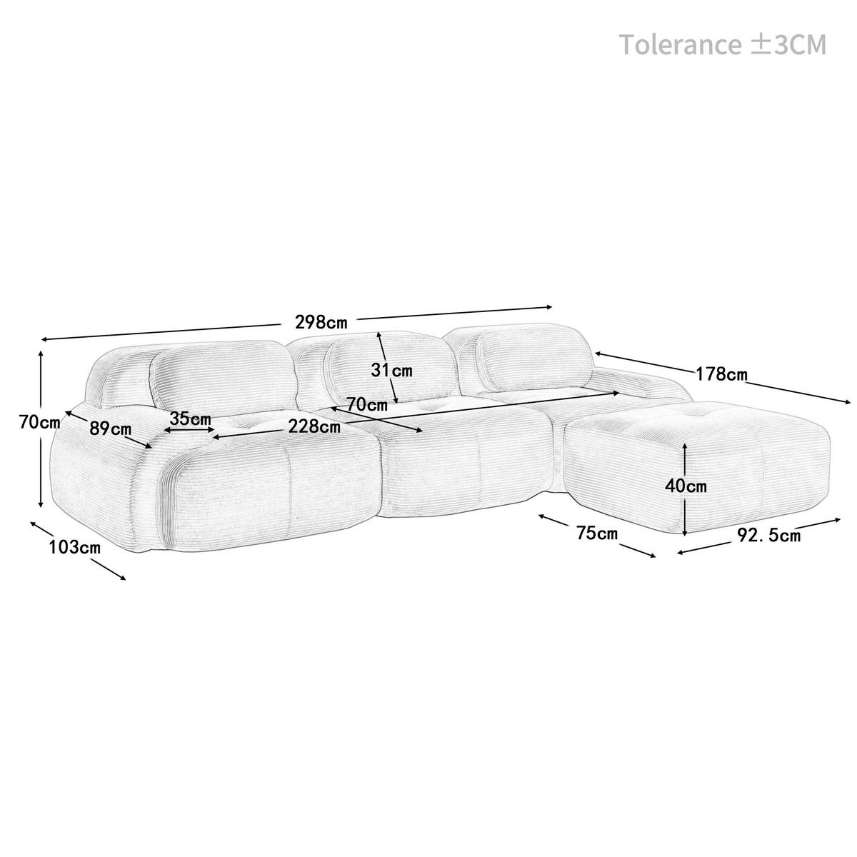 ECKSOFA 3-Sitzer in Premium-Cord Montagefrei & Rutschfest - Beige, Textil (298/178cm) - Urban Meuble