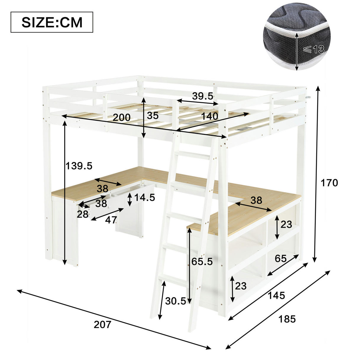 HOCHBETT 140/200 cm, Weiß/Natur mit U-förmigem Langtisch und 2 Schubladen - Weiß, Holz (140/200cm) - MIVRAY