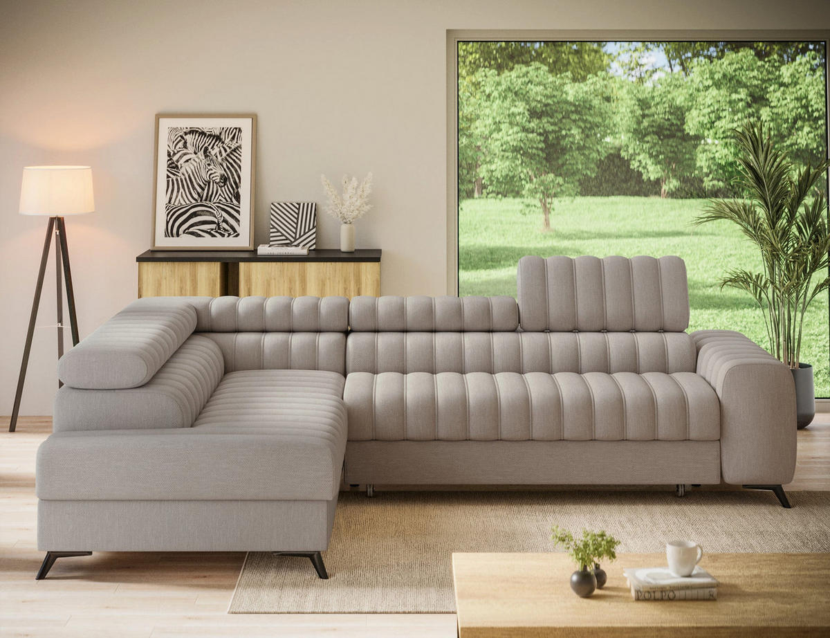 KANEDO Ecksofa mit Schlaffunktion und Bettkasten – Modernes Designsofa, verstellbare Kopfstützen, Metallfüße - Beige, Kunststoff (269/86cm) - Wohnideebilder
