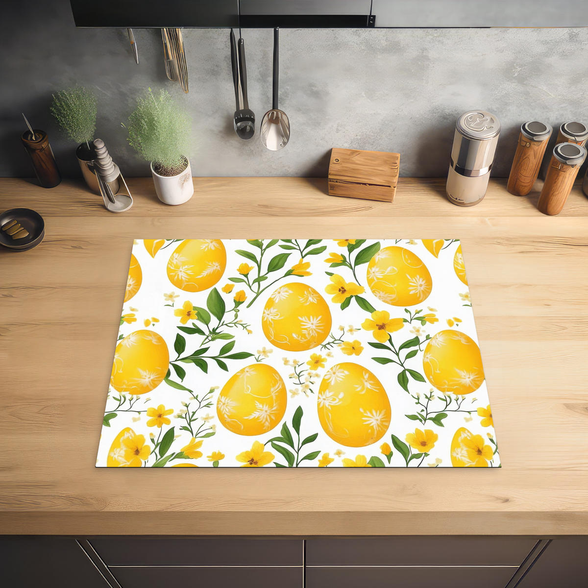 HERDABDECKPLATTE Blumen - Ostereier - Gelb Herdabdeckung Induktionsfeld 65x52 cm - Gelb, Kunststoff (65/52/0.2cm) - MuchoWow