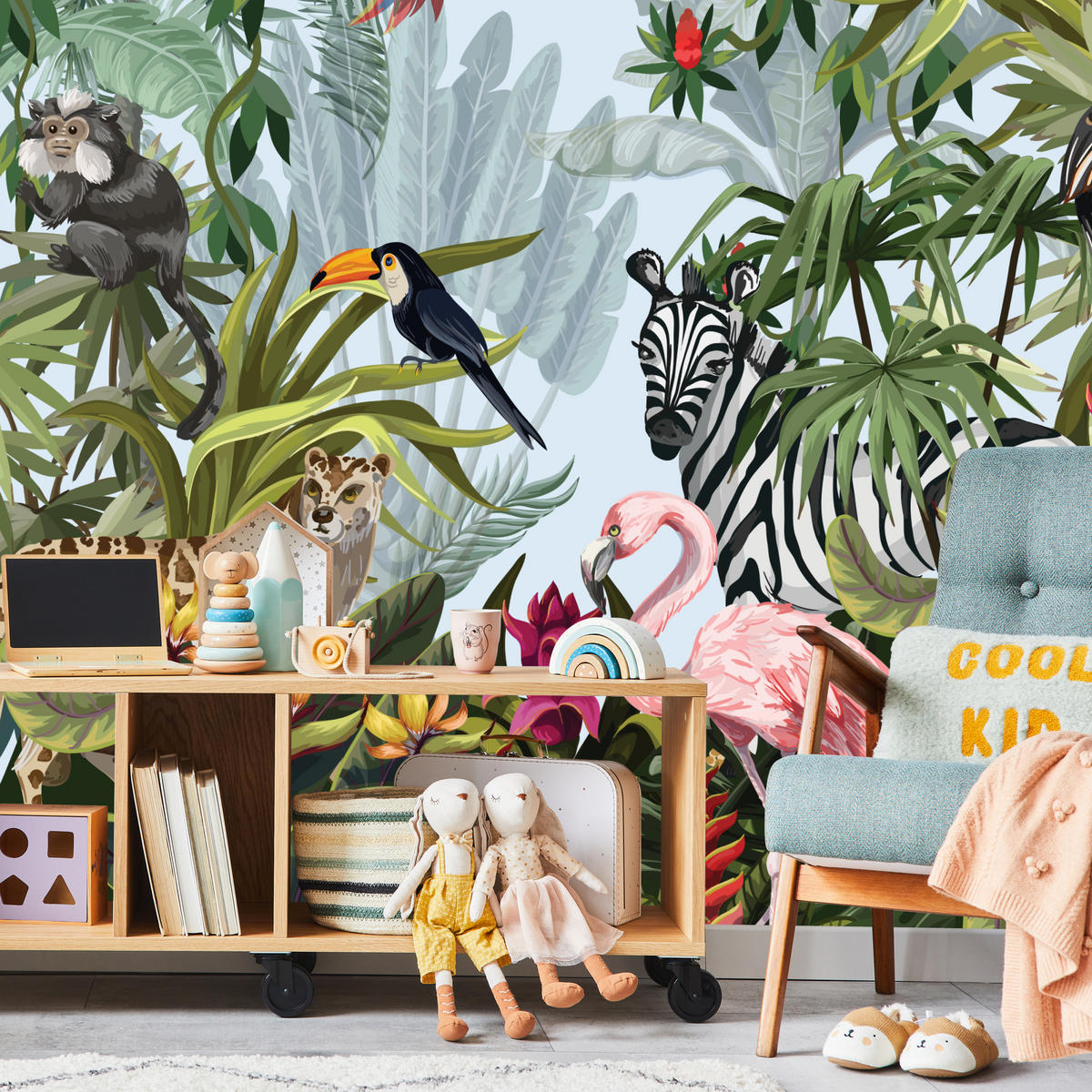 FOTOTAPETE für Kinderzimmer Tropische Pflanzen Tiere Flamingo Rippen 200x140 - Multicolor, Papier (200/140cm) - Muralo