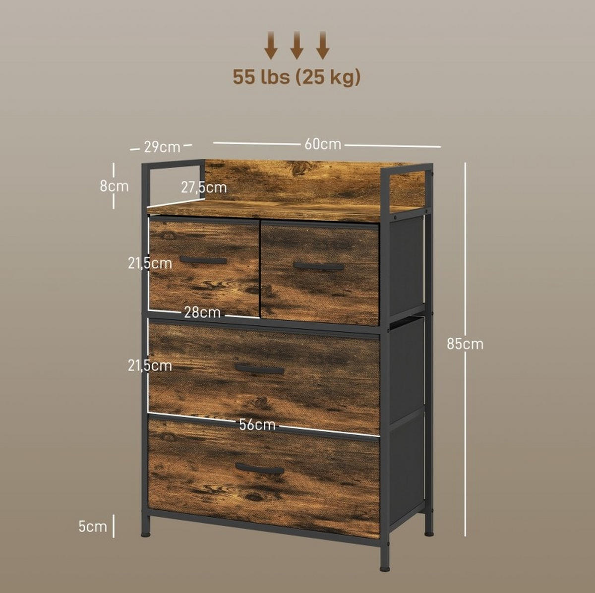 KOMMODE 29/60/85 cm mit 4 Stoffschubladen und oberer Ablage im Industrial-Stil, Rustikales Braun - Braun, Holzwerkstoff (60/85/29cm) - Redom
