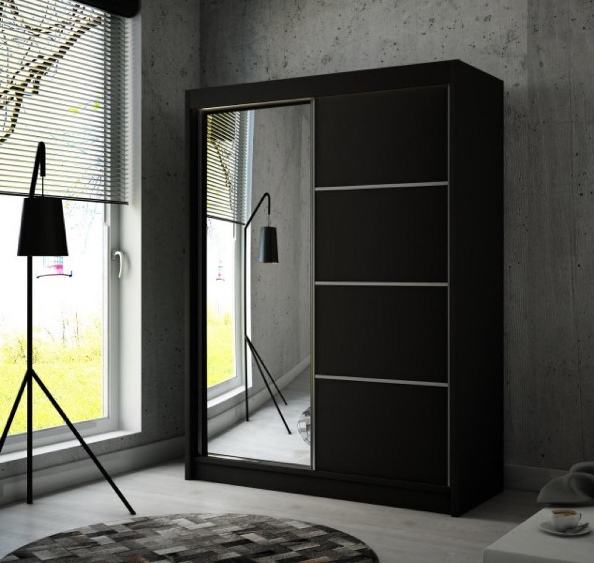 SCHRANK Schwarz PAKO Schiebetür Mit Spiegel 200 cm - Schwarz, Holzwerkstoff (200/215/61cm) - Sepro Meble