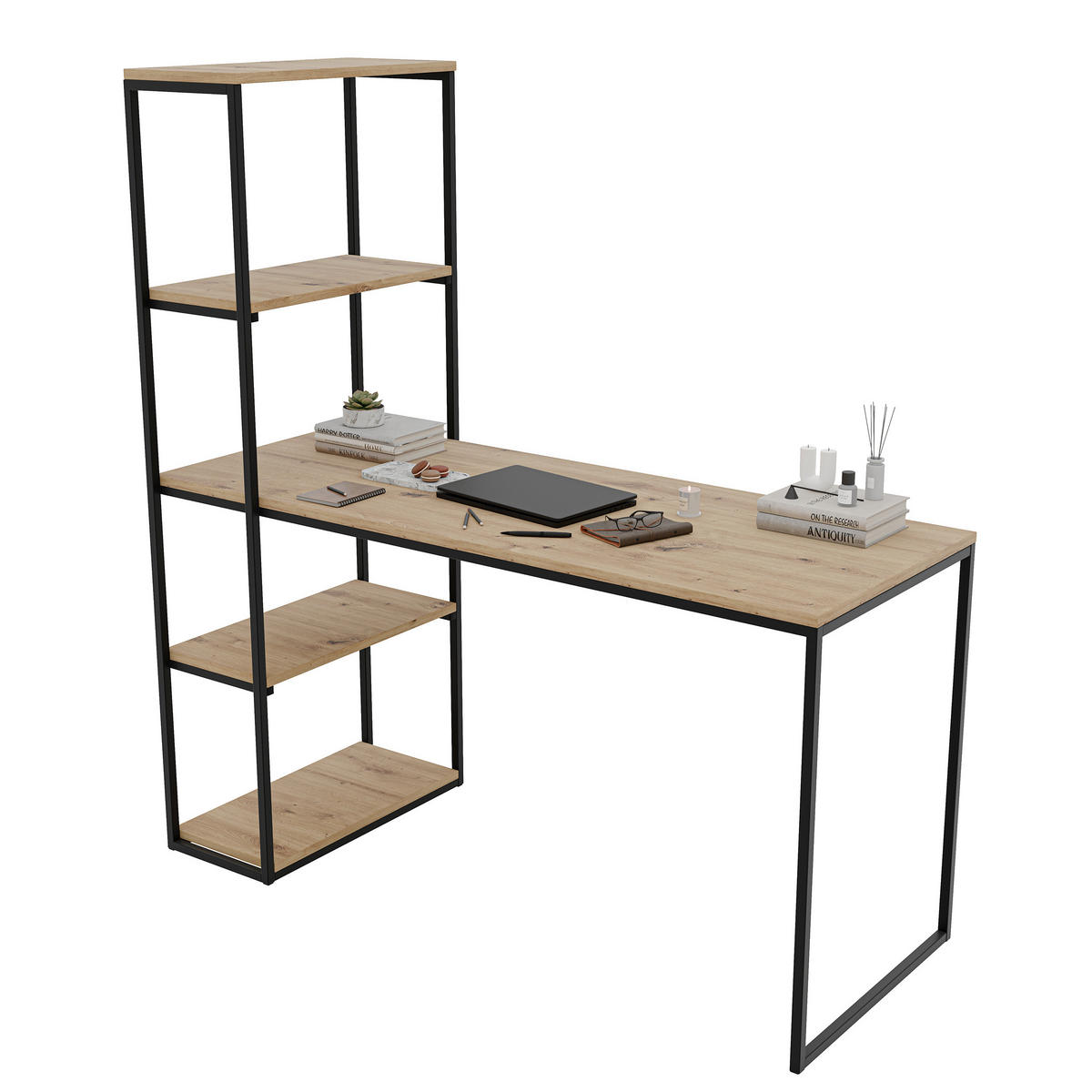 SCHREIBTISCH mit Seitenregal Eiche Artisan - Schwarz/Eiche Artisan, Holzwerkstoff (152/60/160cm) - Idohome