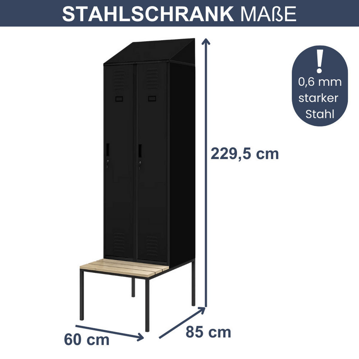UMKLEIDESCHRANK Spind mit Sitzbank BARCA 2 Abteile 229,5x60x85cm Schwarz - Schwarz, Metall (60/229.5/85cm) - DELUKE