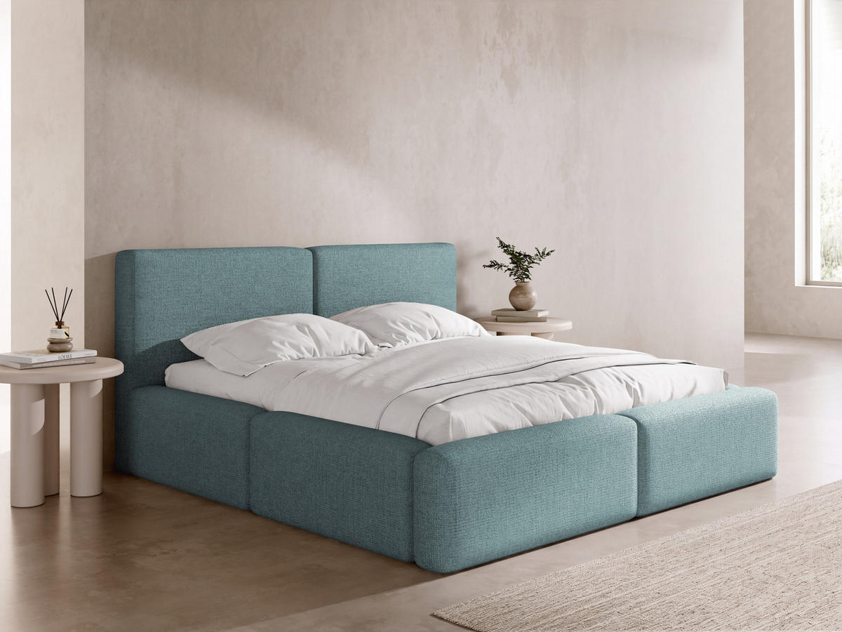 POLSTERBETT Duo mit Bettkasten, Lattenrost & gepolsterten Füßen in Türkis Chenille 200x200 cm - modrá/farba brezy, kov/textil (200/200cm) - WFL GROUP