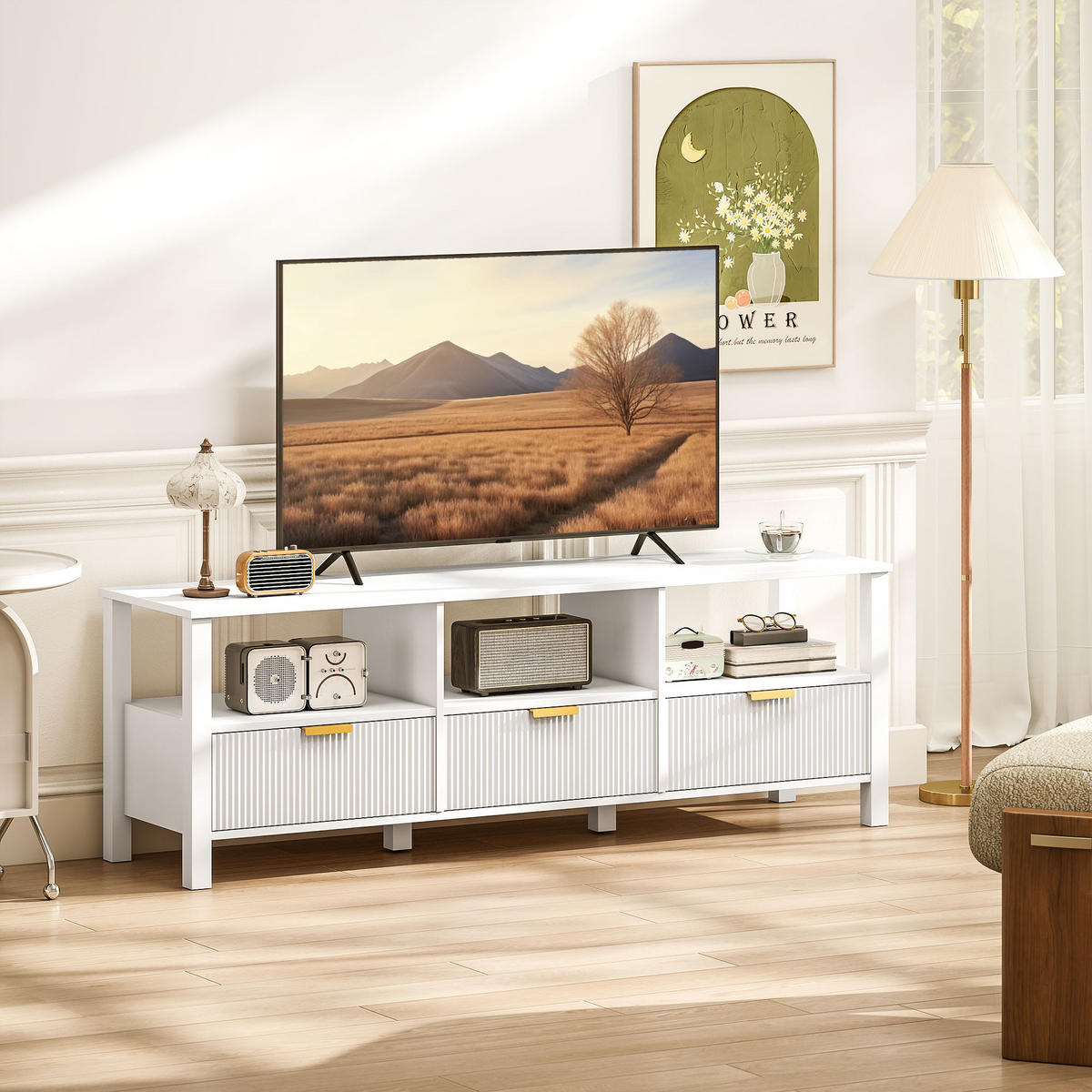 TV-LOWBOARD Weiß 152/39,5/50 cm, 3 Schubladen, 3 offene Fächer - Weiß, Holzwerkstoff (152/50/39.5cm) - PANGIVO