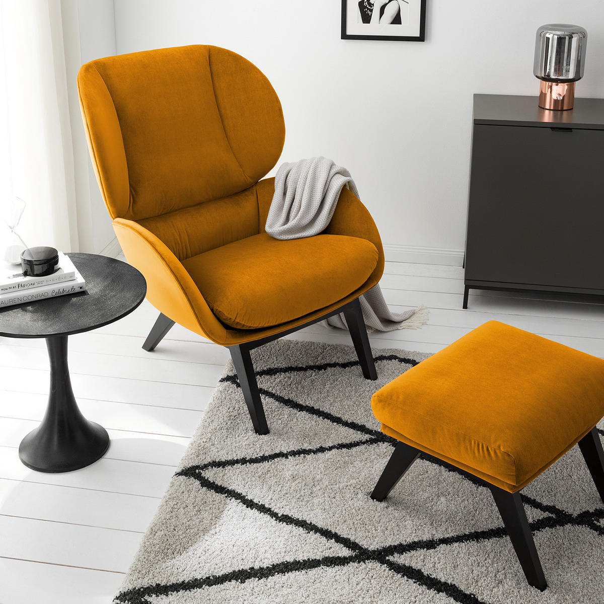 SESSEL - Schwarz/Orange, Eichenholz/Textil (82/102/90cm) - home24