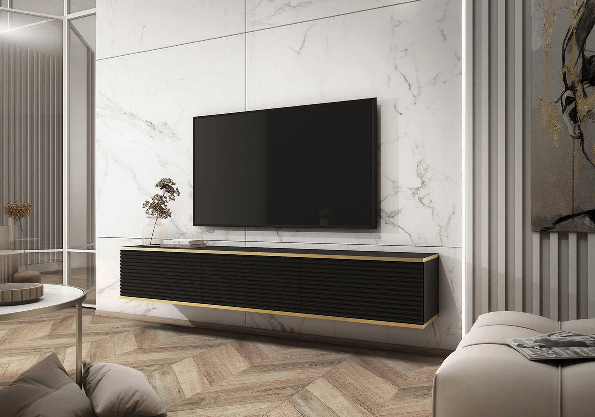 TV-HÄNGEBOARD Mucalma Schwarz mit geriffelten Fronten 175 cm - Schwarz, Holzwerkstoff (175/30/32cm) - Selsey