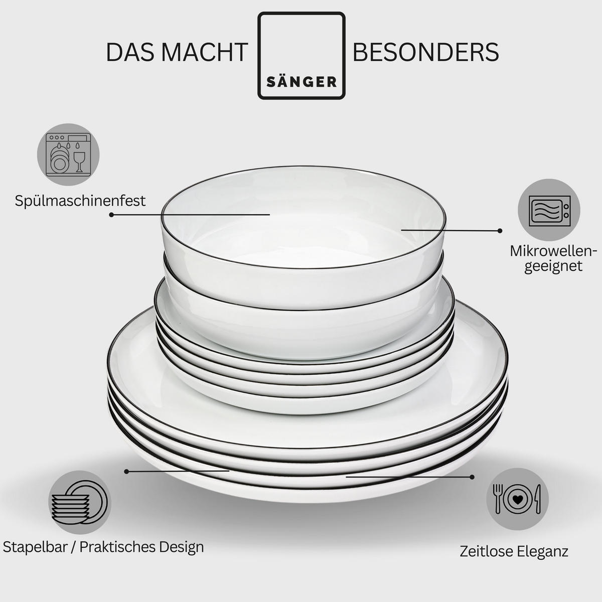 TAFELSERVICE MARLO BLACK RIM - 18 teilig aus Porzellan - Weiß, Keramik (27/4.4/27cm) - Sänger