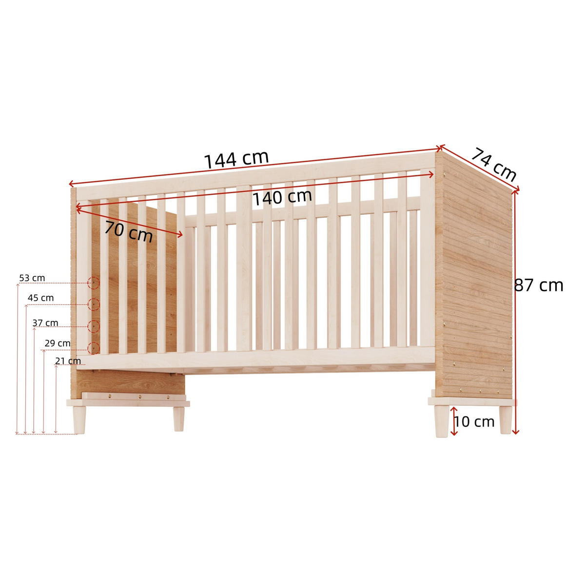 GITTERBETT 70/140cm Naturholzfarbe mit Höhenverstellung ohne Matratze - Naturfarben, Holz (70/140cm) - MIVRAY