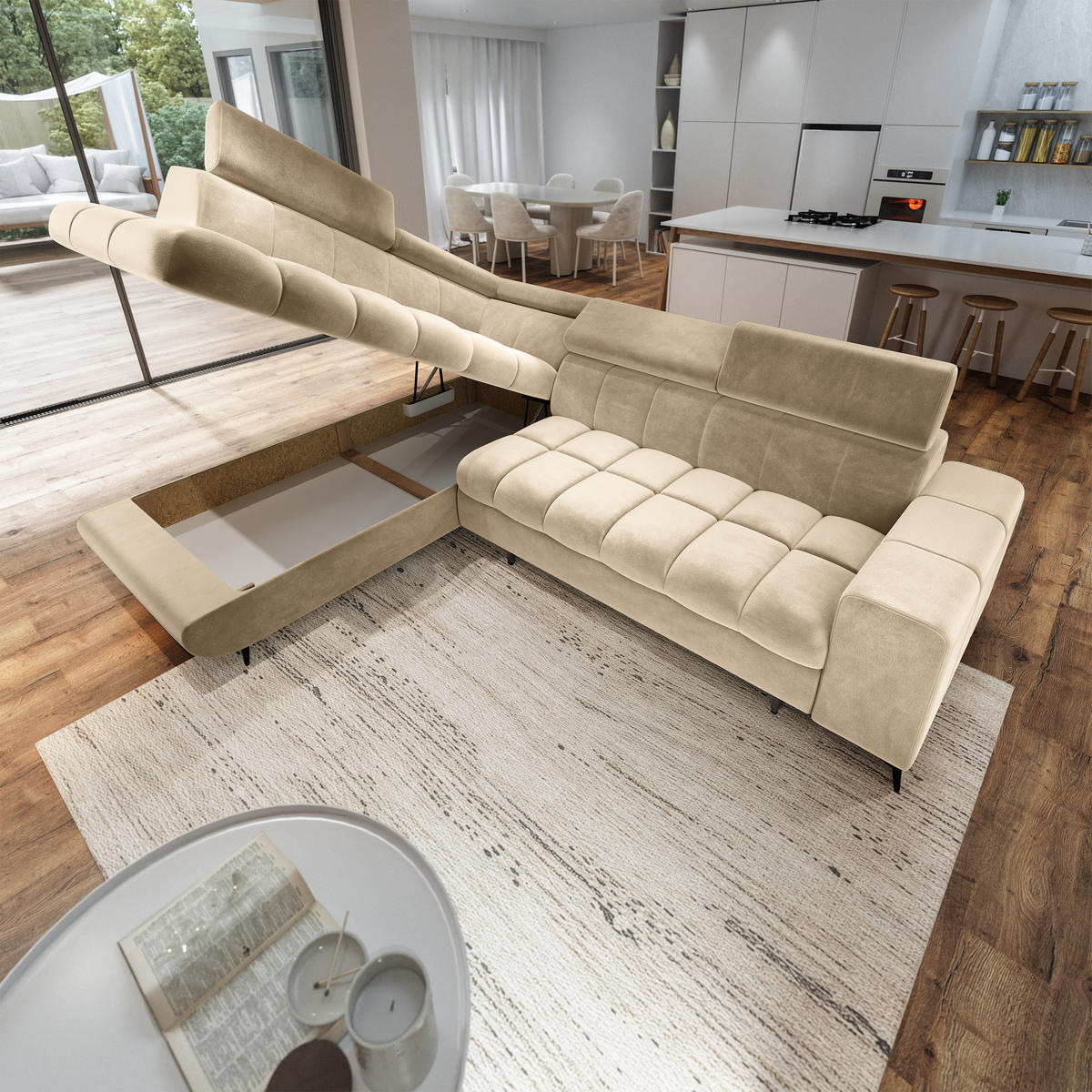 ECKSOFA MORIVA L-S Creme Velours-Stoff mit Schlaffunktion - Creme, Holz (253/190cm) - MASSENO