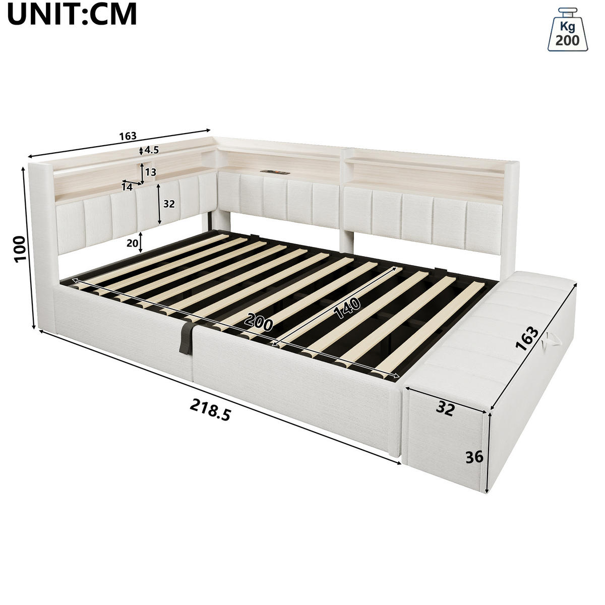 TAGESBETT 140 x 200 cm, Cremeweiß, Samt, LED, USB - Beige, Textil (140/200cm) - FLIEKS