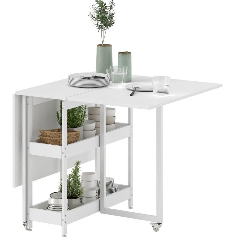 KLAPPTISCH 133,4/80/75 cm in Weiß – platzsparend mit Ablagen und Rollen - Weiß, Holz (133.4/80/75cm) - BEAOK