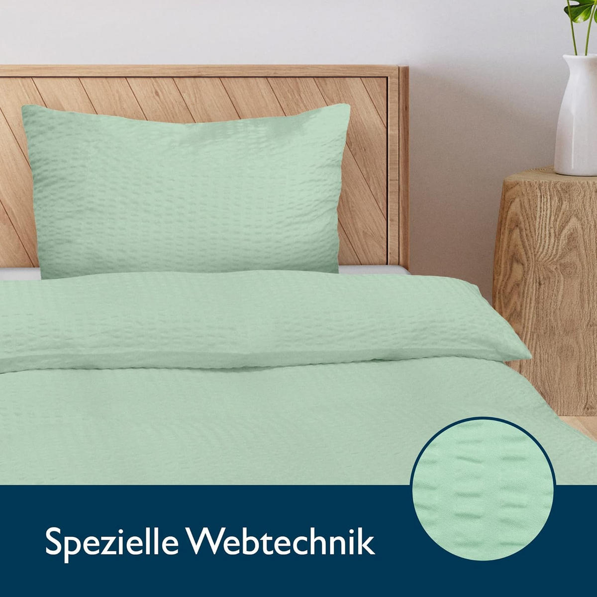 BETTBEZUG Meline 155x220cm + Kissenbezug 80x80cm Salbei Seersucker (4tlg) - Salbeigrün, Textil (155/220cm) - Beautissu 