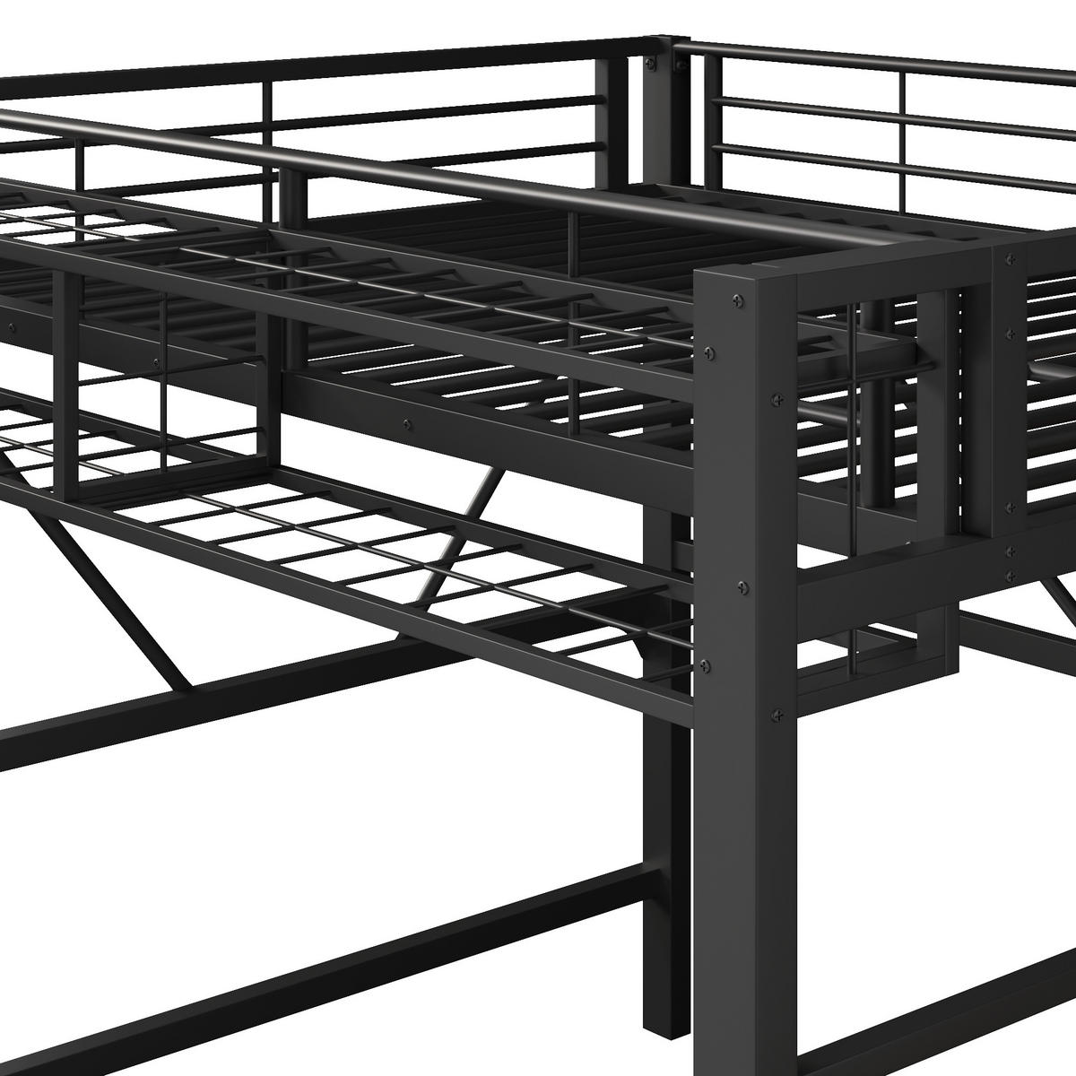 HOCHBETT 140/200 cm in Schwarz mit Stufenregal, Gitterelementen, Aufbewahrungskorb und LED aus Metall und MDF - Schwarz, Metall - STILVORA