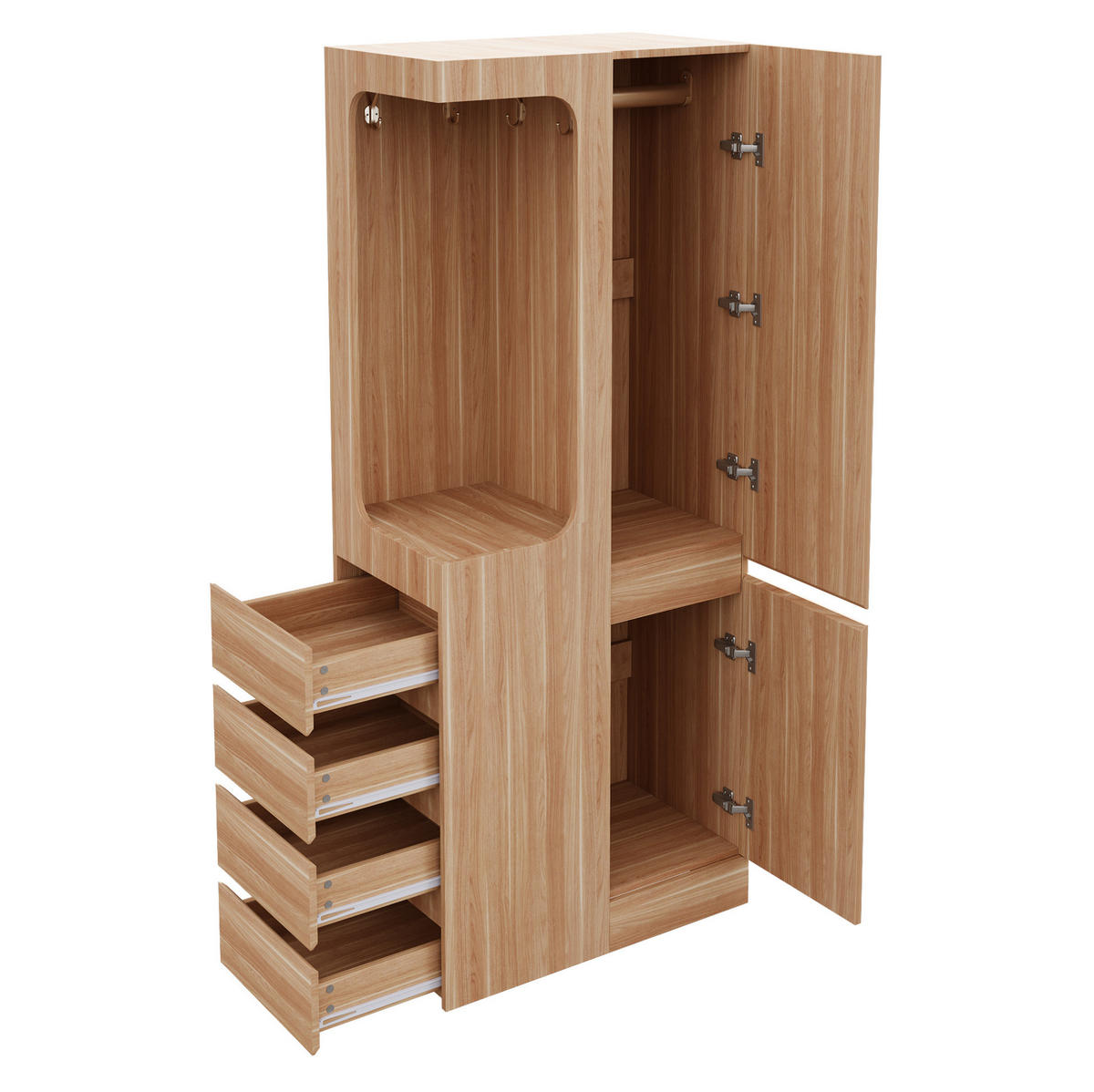 KLEIDERSCHRANK aus Kiefer, Sperrholz und MDF 70x40x170 cm Weiß/Holz mit Tür, 4 Schubladen und offenem Hängebereich - Nussbaumfarben, Holzwerkstoff (70/170/40cm) - Modfu
