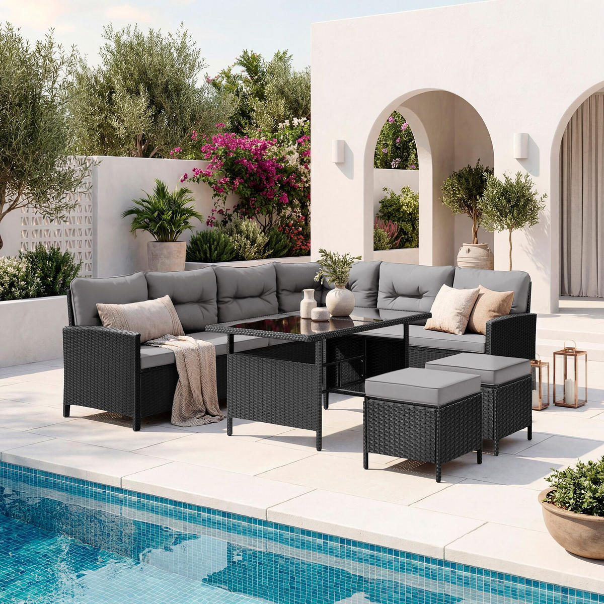 RATTANLOUNGE Barletta, mit Sicherheitsglasplatten, schwarz/grau - Schwarz/Grau, Kunststoff - tectake