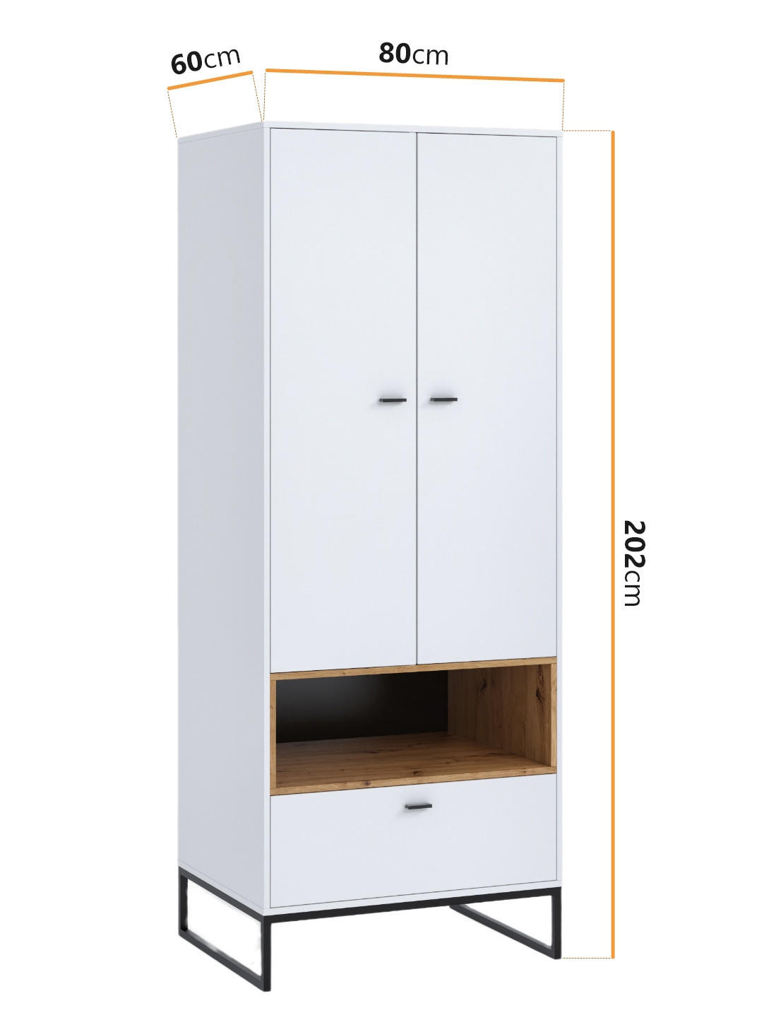 KLEIDERSCHRANK Randy mit Schublade 80/202/60 - Schwarz/Weiß, Holzwerkstoff/Kunststoff (80/202/60cm) - Ravio