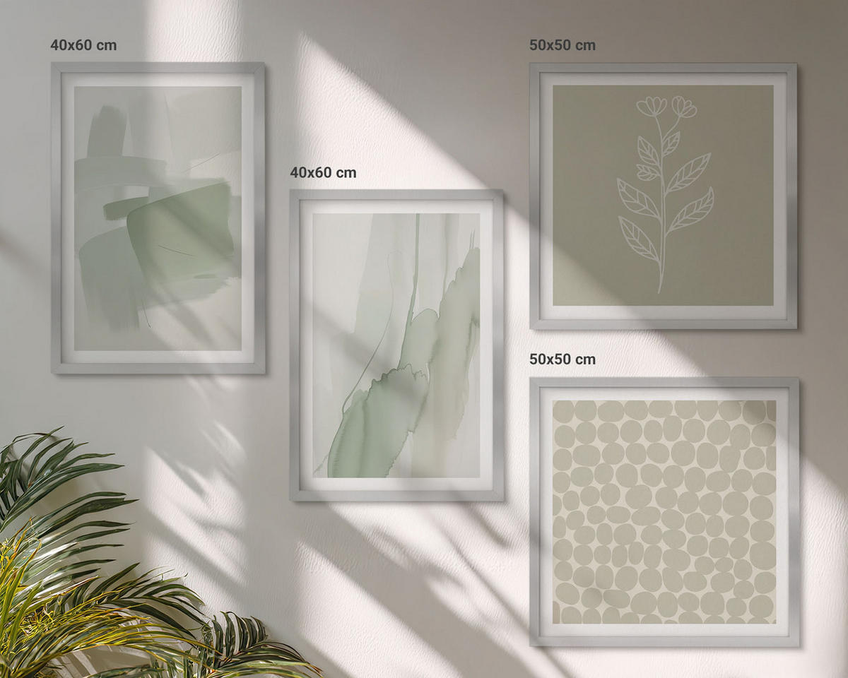 BILDER SET 4er Set - 50x50 cm & 40x60 cm Silberner Rahmen - Abstrakte Aquarellpflanzen - Silberfarben, Kunststoff (50/50cm) - TULUP