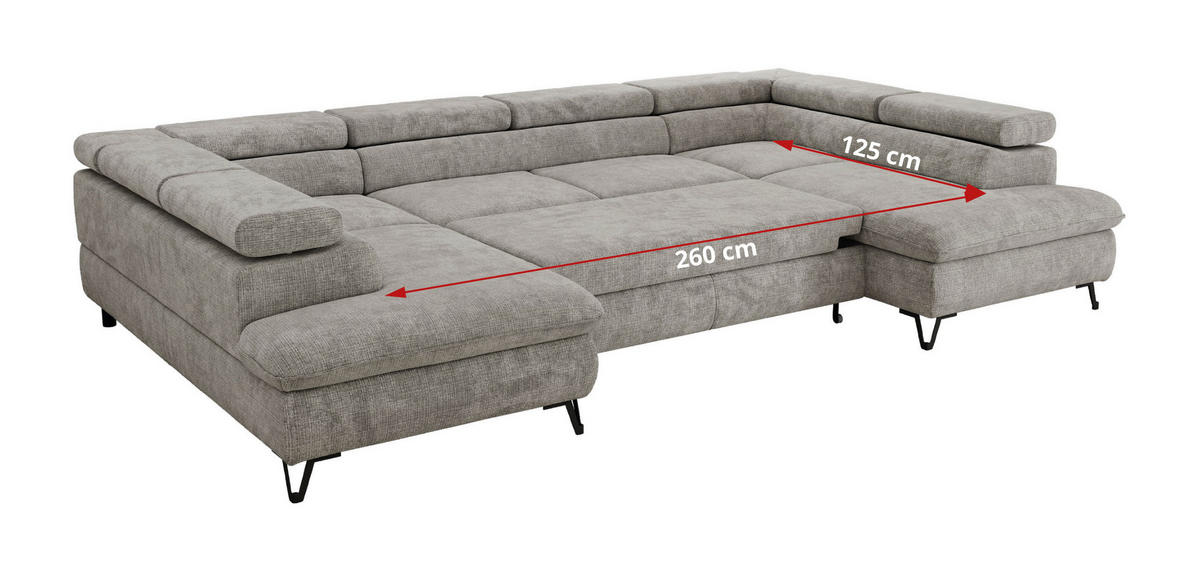 WOHNLANDSCHAFT PABLO U Schenille grob gewebt Hellgrau - Hellgrau/Schwarz, Textil/Metall (346/76/208cm) - MKS