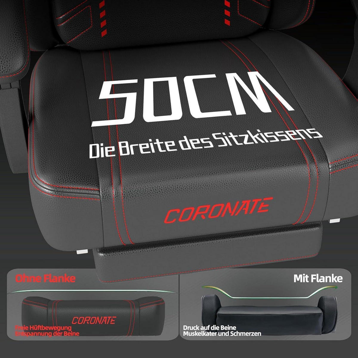 GAMING Stuhl Ergonomisch Rot mit Verstellbarer Rückenlehne & 360° Drehfunktion - Schwarz, Kunststoff (50/128/52cm)